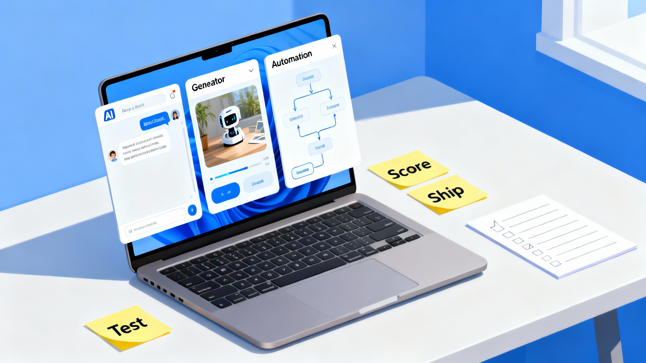 A bright, modern desk scene with a laptop showing multiple AI apps side-by-side, sticky notes labeled 'Test', 'Score', 'Ship', and a simple checklist. Clean editorial illustration style.