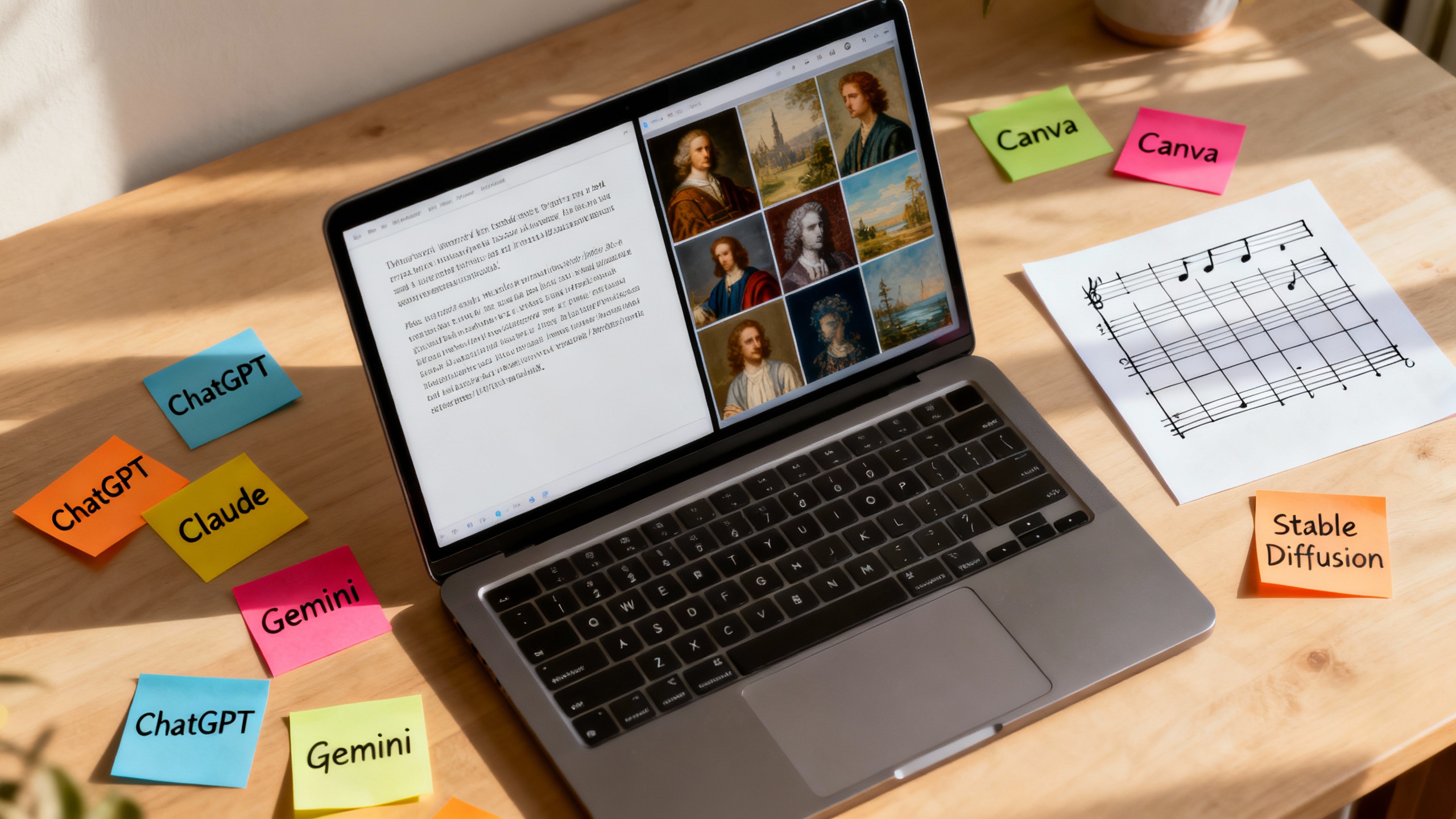 A desk with labeled sticky notes showing different AI tools, a simple scoring matrix, and a laptop running side-by-side comparisons of generated outputs
