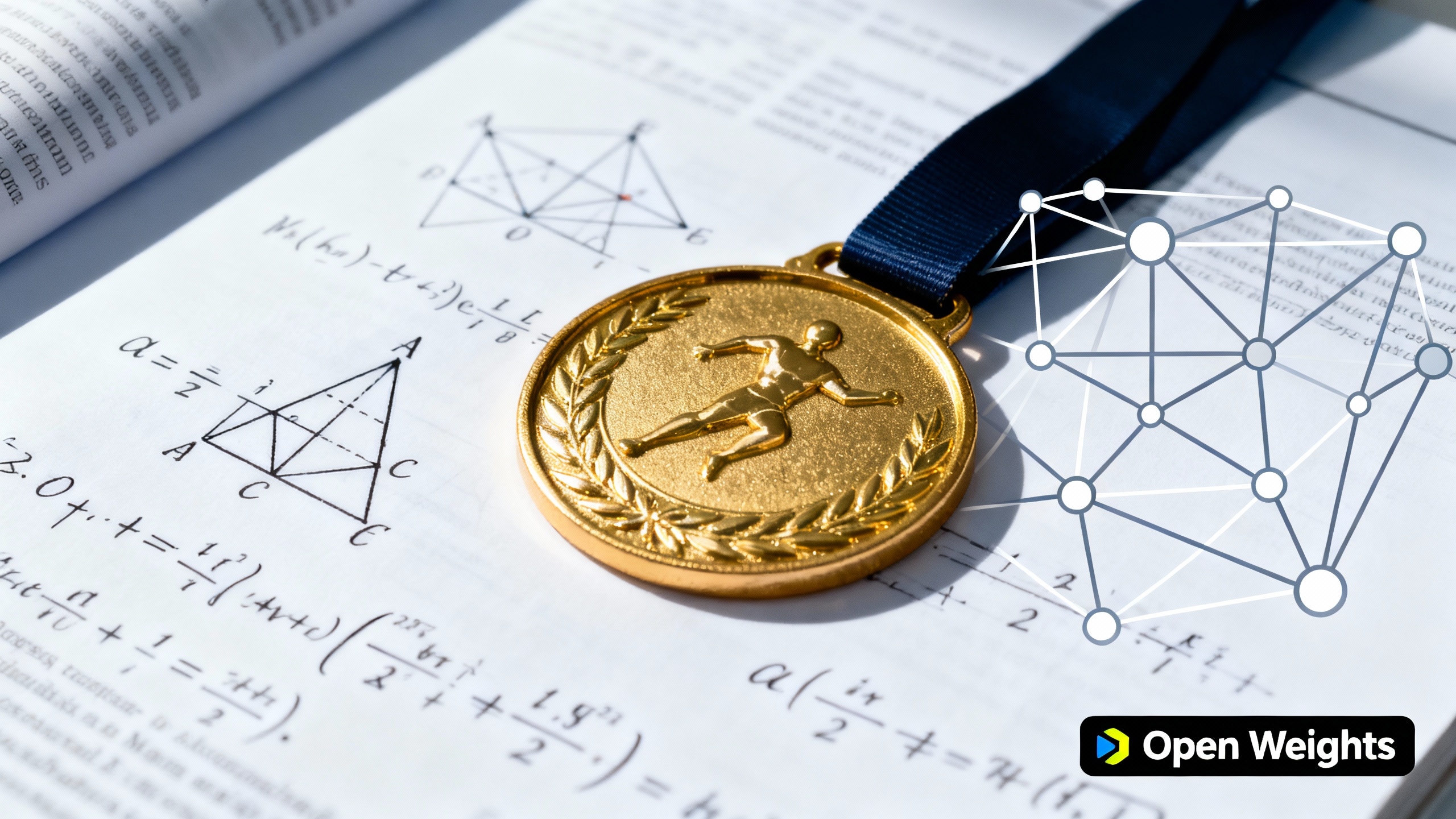 A gold medal on math notes next to a stylized neural network; the words 'open weights' on a download badge