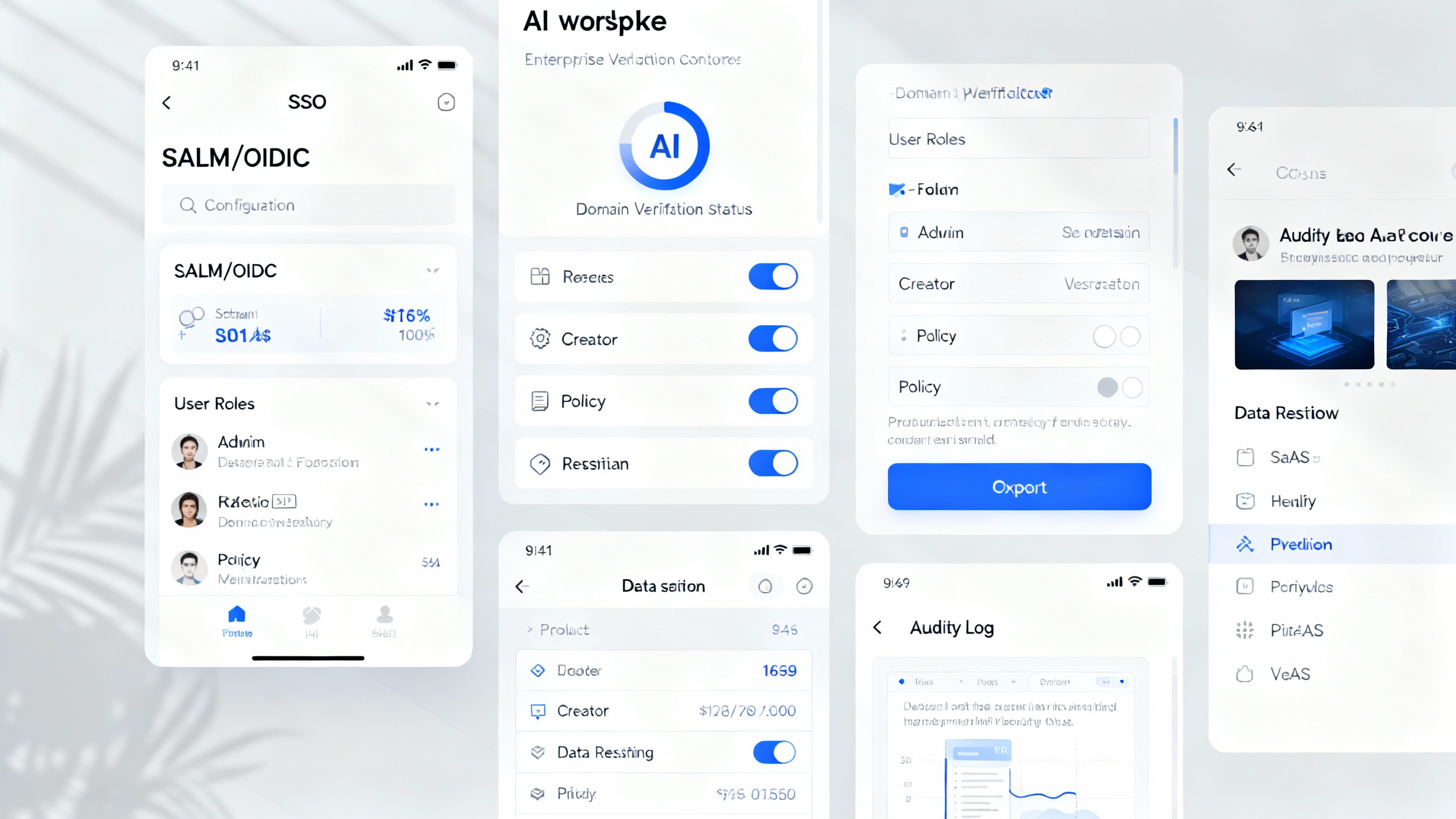 Admin console screenshot concept showing SSO setup, domain verification, role management, and policy toggles