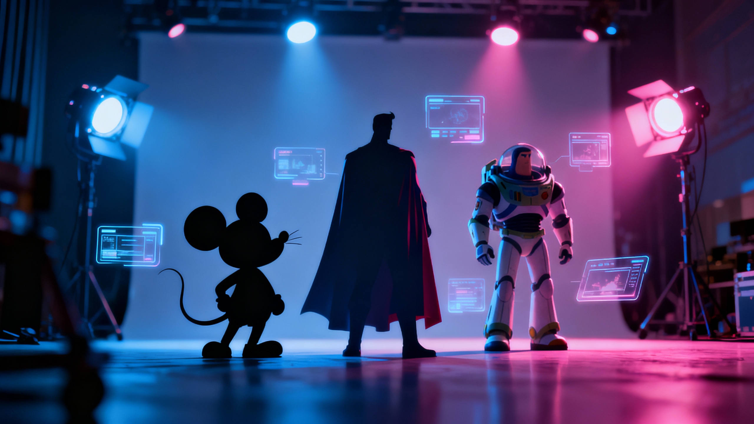 Conceptual collage of generative video meets cinematic universes — abstract silhouettes and filmic light without logos or copyrighted characters