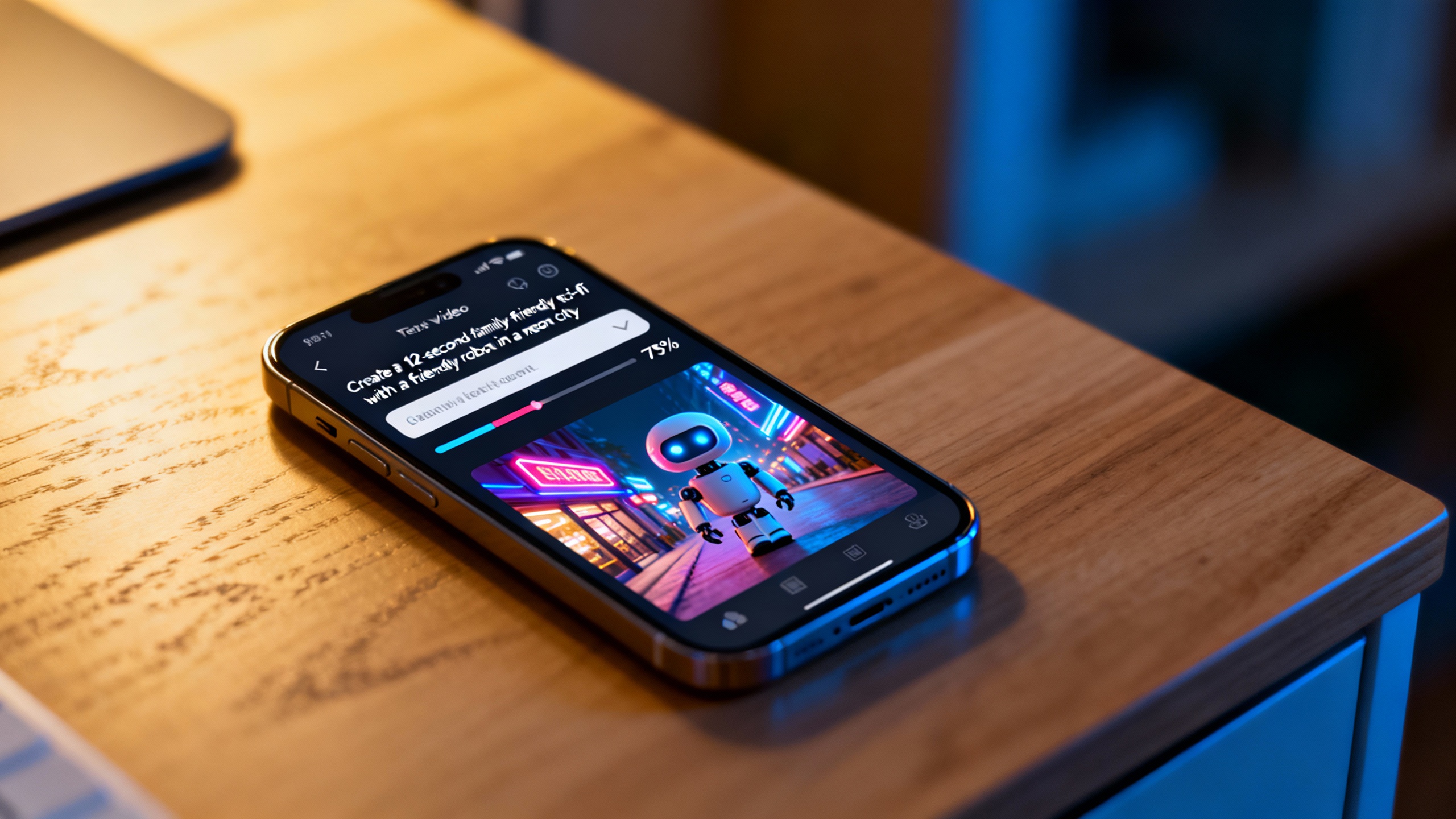 Conceptual smartphone mockup of a text-to-video prompt creating a family-friendly sci-fi short; generic UI, no real logos