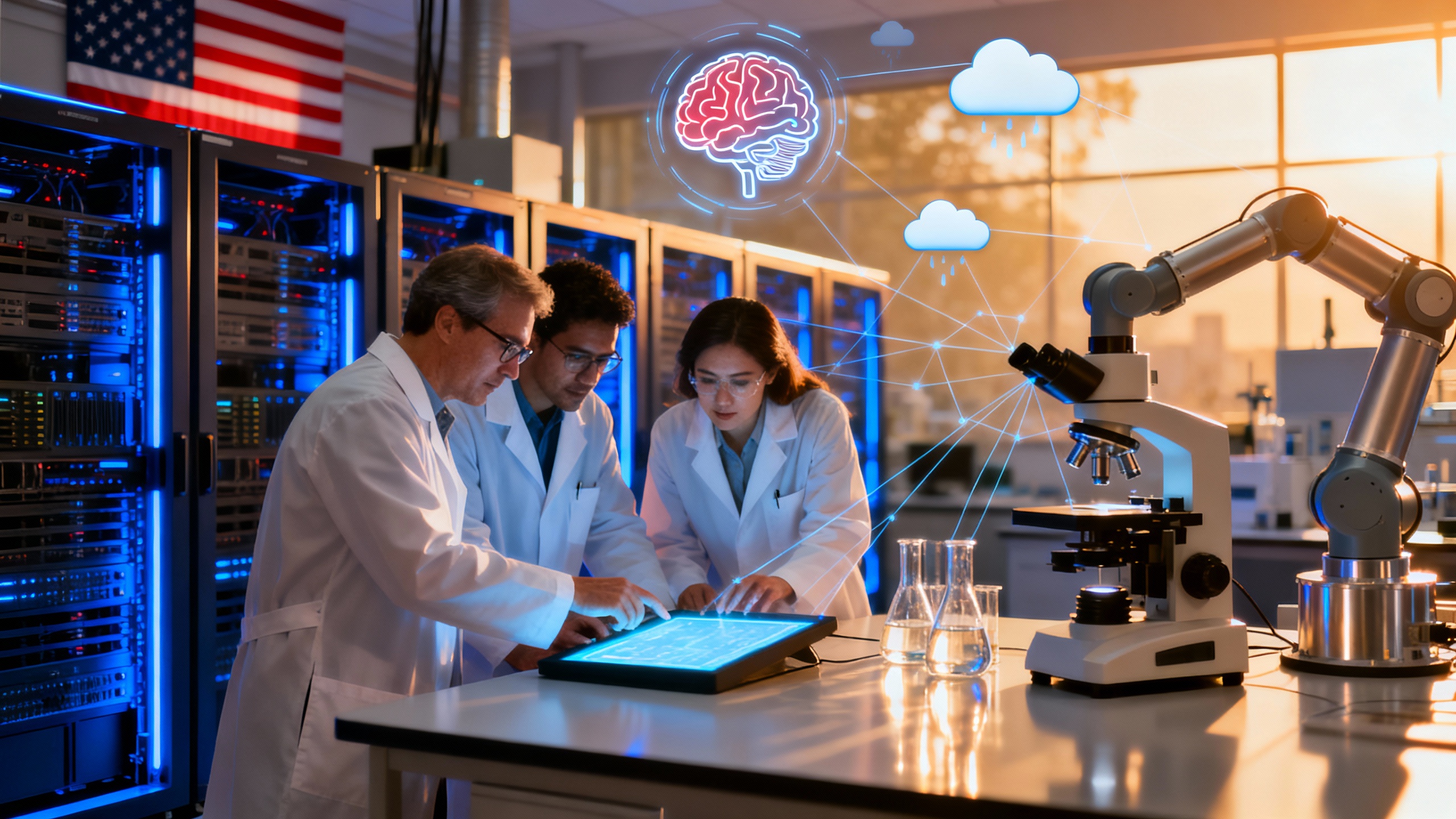 Researchers at a U.S. national lab standing between a next‑gen supercomputer aisle and a wall of scientific instruments; faint network lines connect lab gear to cloud icons and AI motifs
