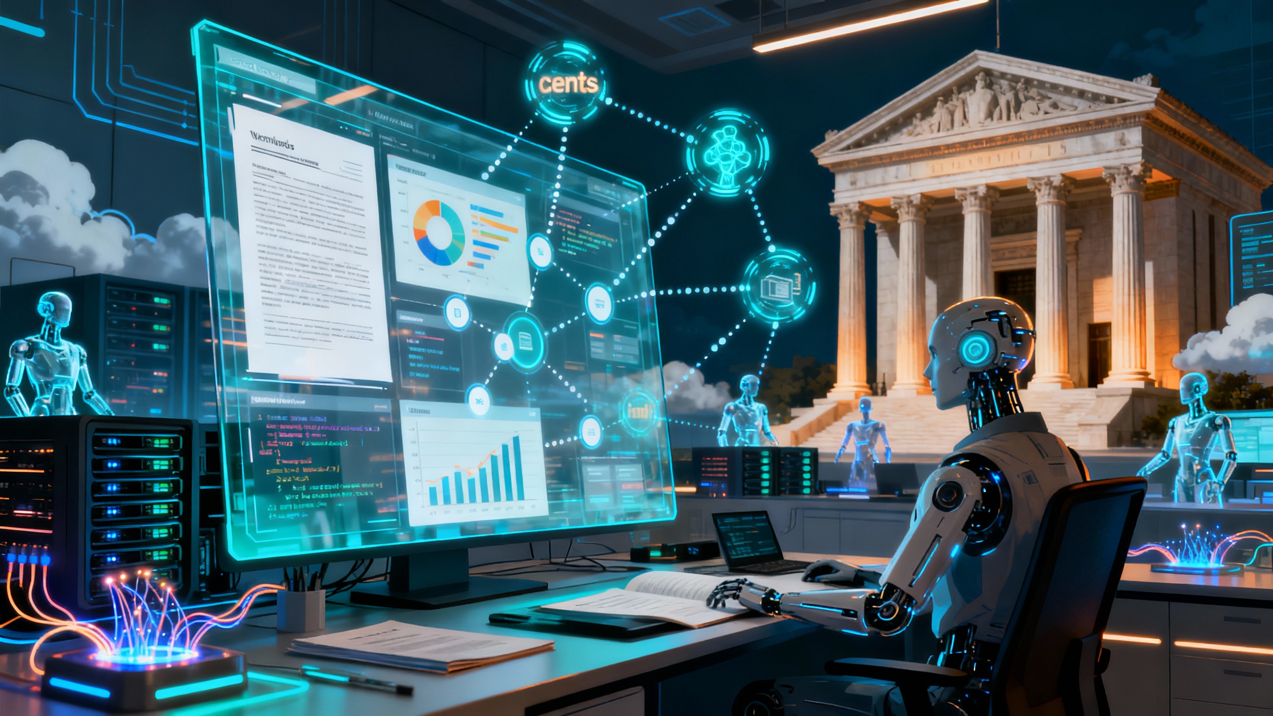 An editorial illustration of an enterprise control room where AI agents coordinate tasks across documents, data feeds, and workflows, with a subtle reference to banking and cloud infrastructure