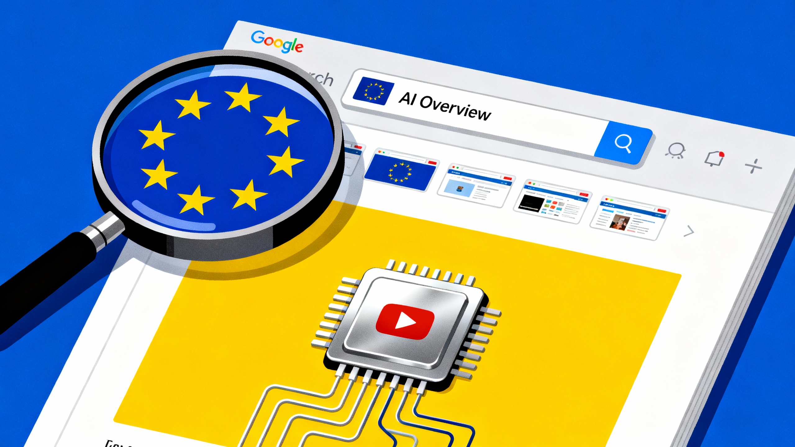 An editorial illustration showing the EU flag forming a magnifying glass over a Google Search page with an AI Overview card and icons for websites and YouTube.