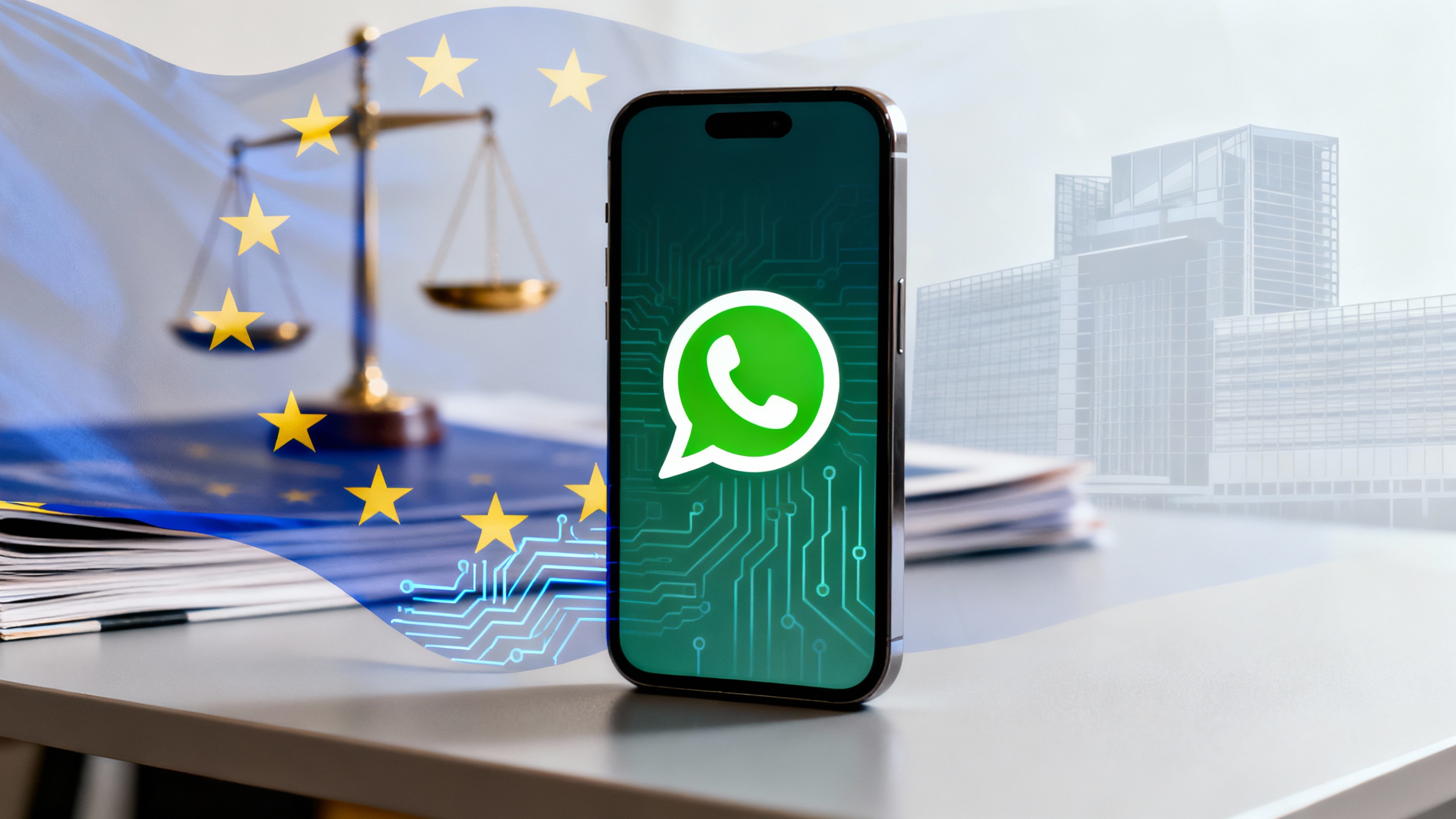 Editorial illustration: a smartphone displaying the WhatsApp logo overlaid with the EU stars and a subtle AI circuit motif; a scale of justice in the background