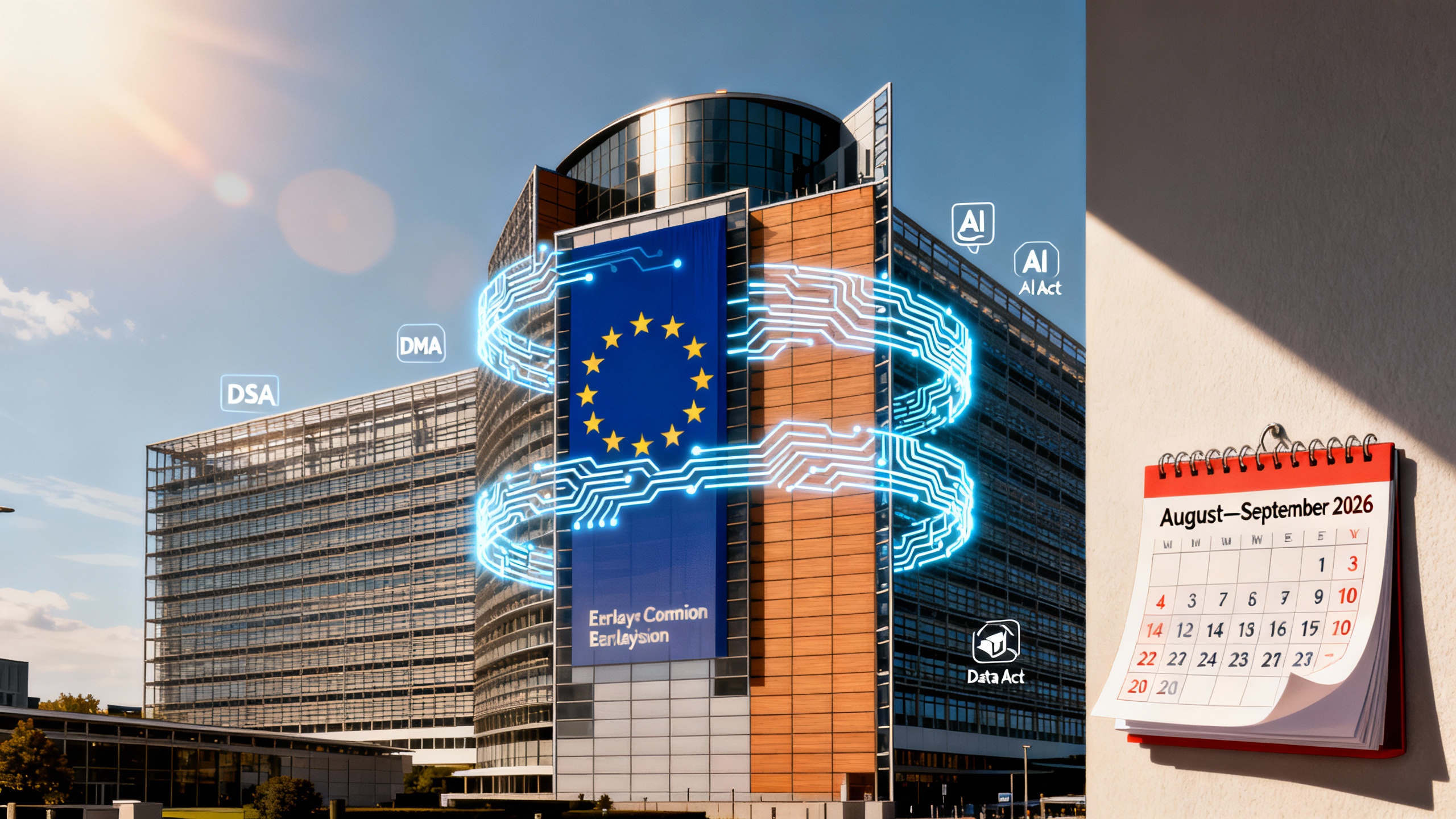 An EU flag overlaid with circuit patterns and a 2026 calendar highlighting August and September