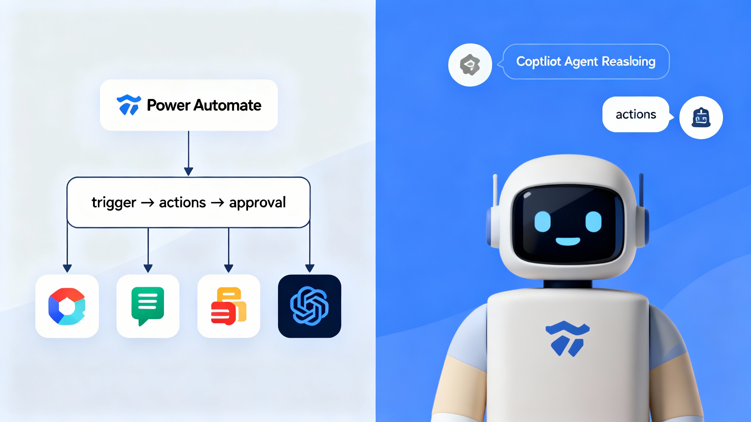 Side-by-side concept: a visual workflow for Power Automate on the left and a conversational Copilot Studio agent orchestrating tasks on the right, connected to enterprise apps