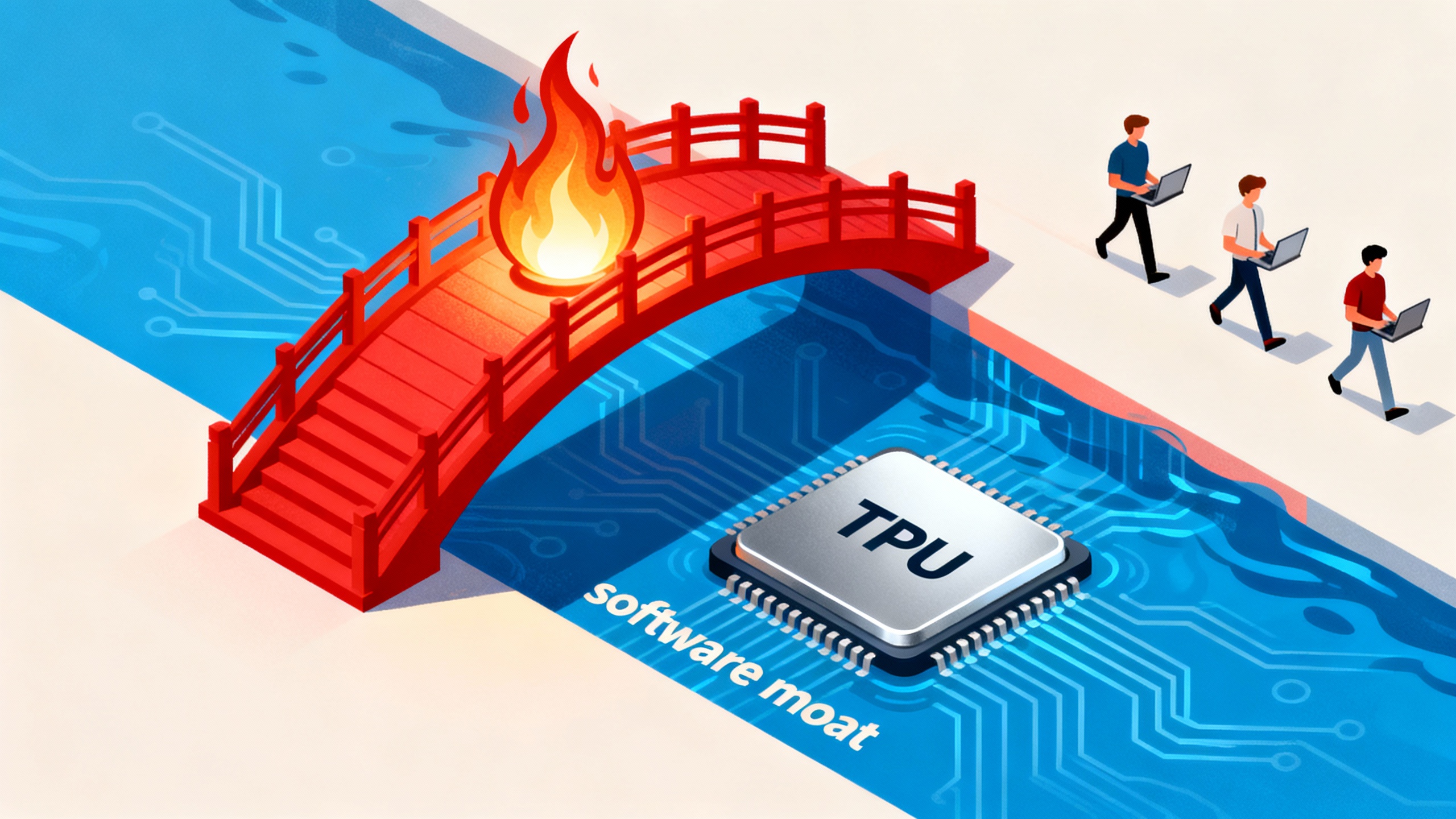 Concept illustration of a PyTorch bridge spanning a software moat toward a TPU chip, with developers crossing.