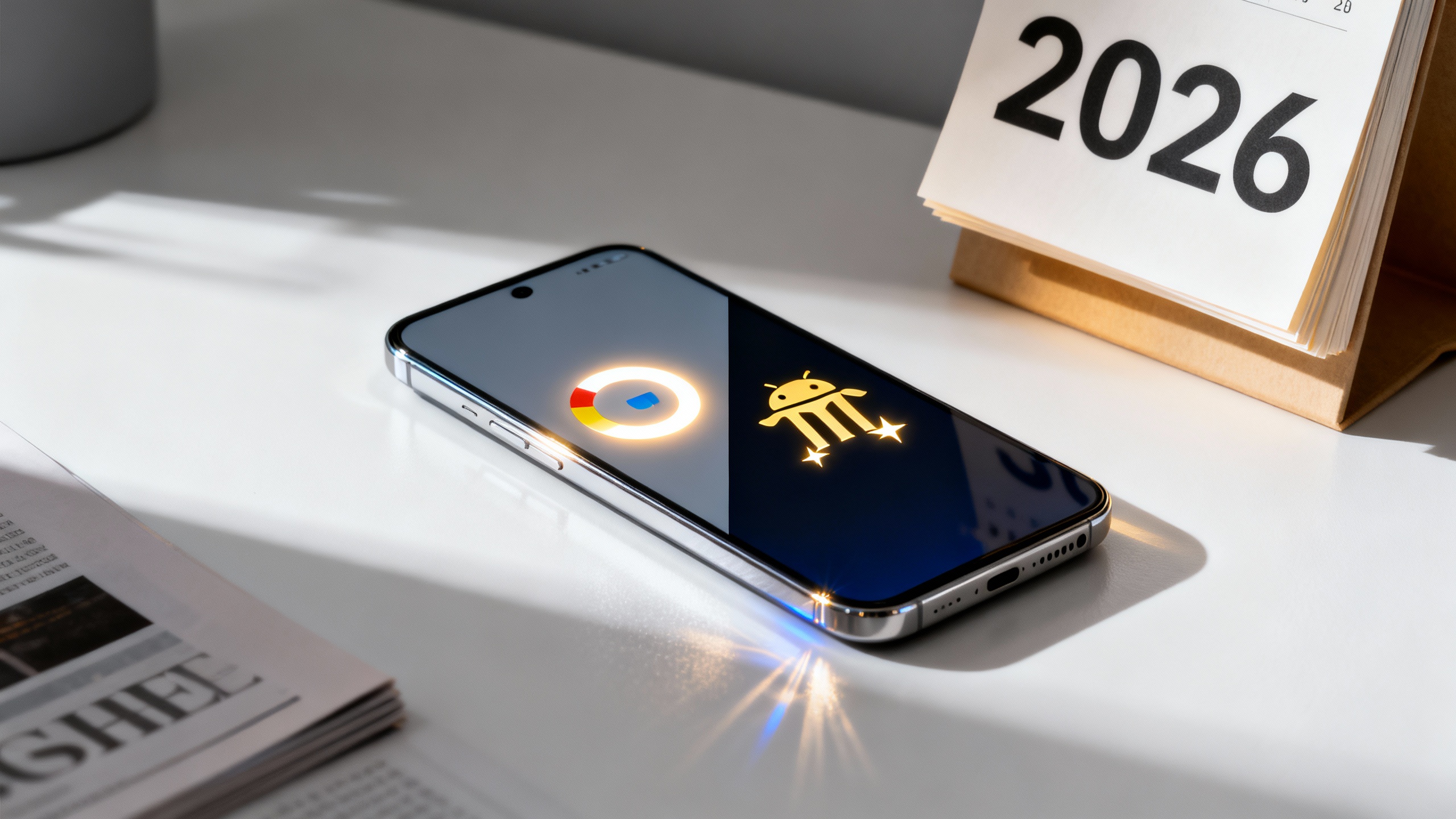 Smartphone split between Google Assistant and Gemini with a 2026 calendar overlay