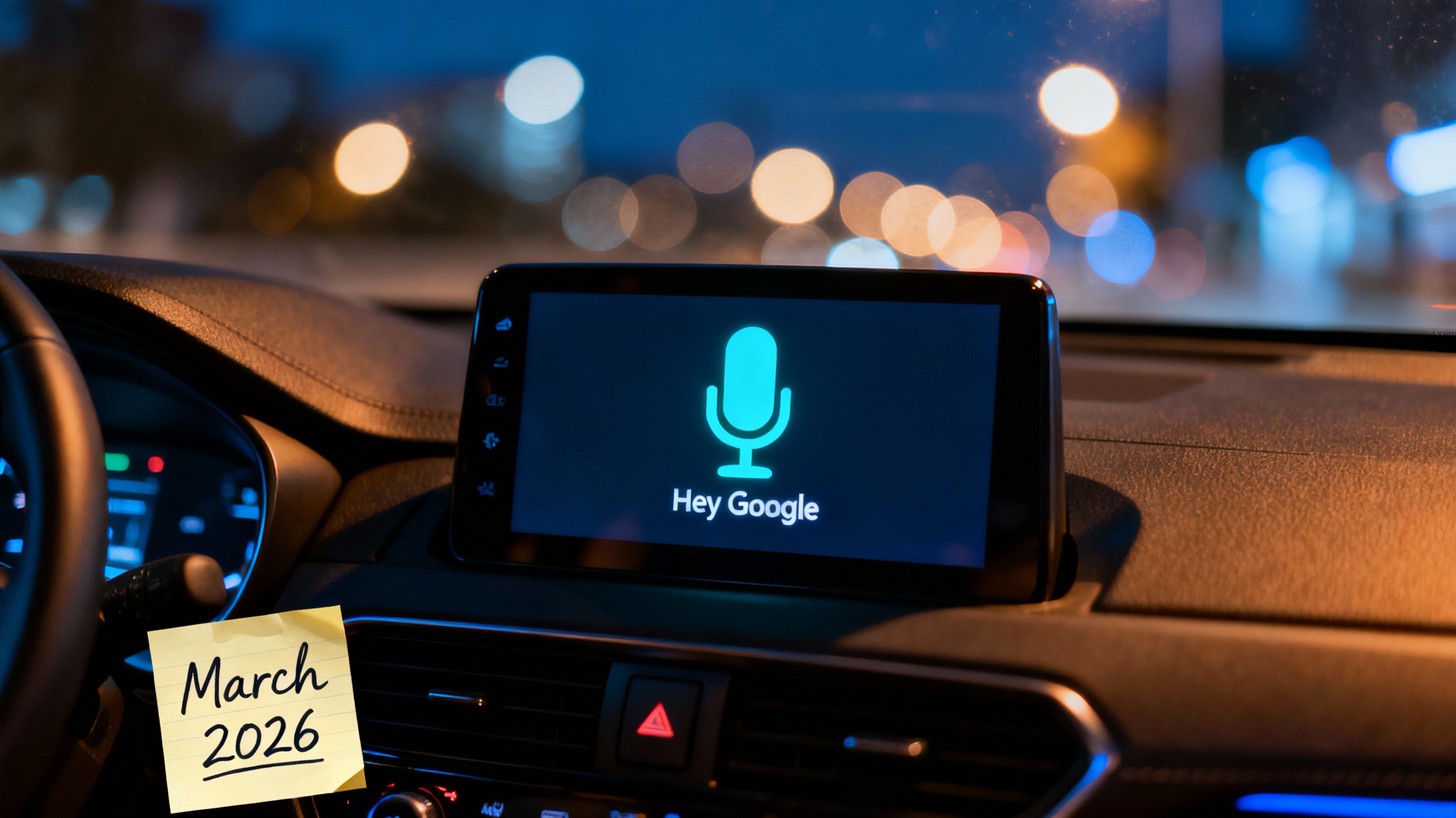 Android Auto interface with a subtle 'March 2026' date marker next to a 'Hey Google' mic icon