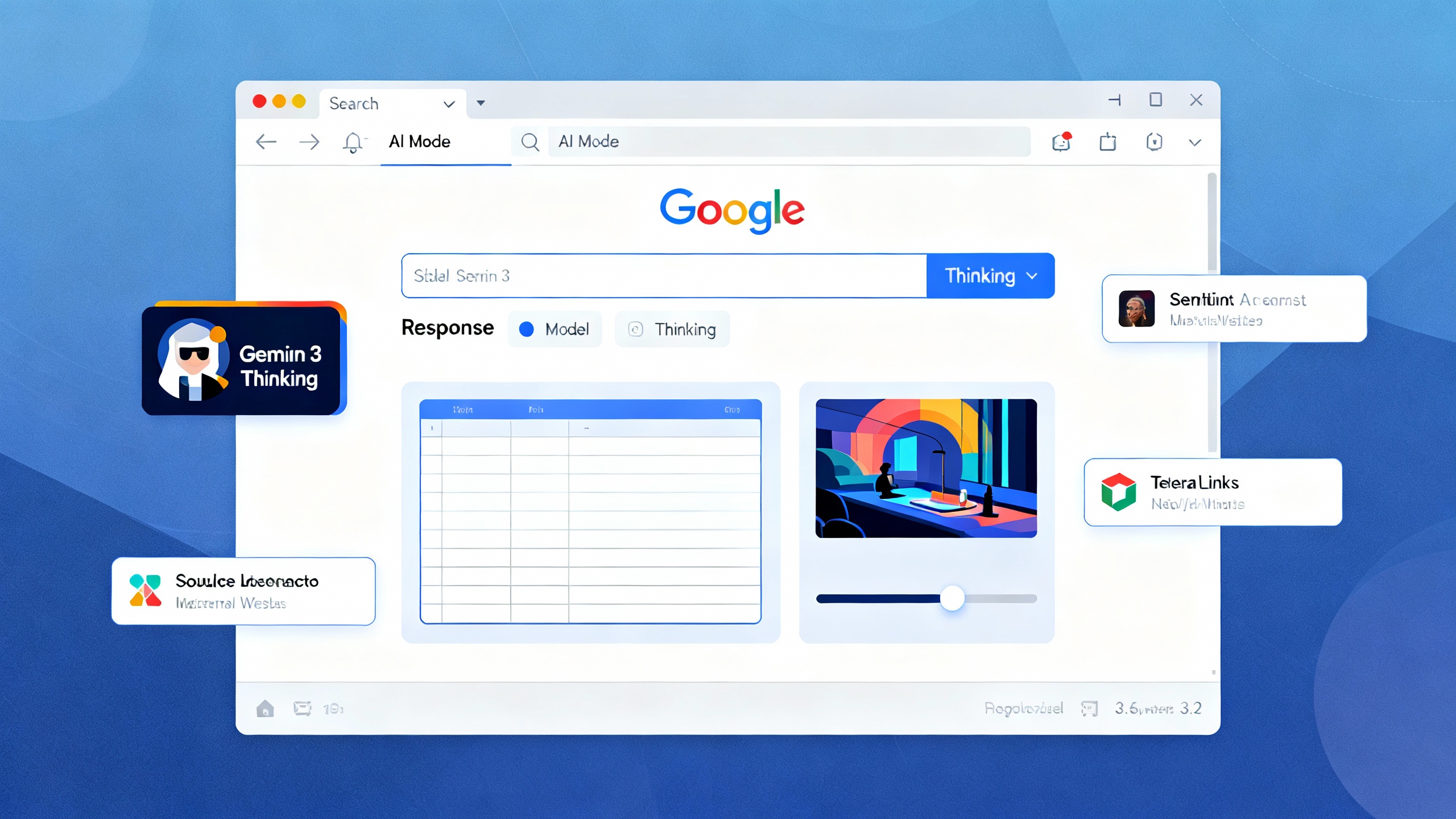 Conceptual illustration of Google Search’s AI Mode with a Gemini 3 toggle, dynamic panels, and prominent cited links leading to the open web