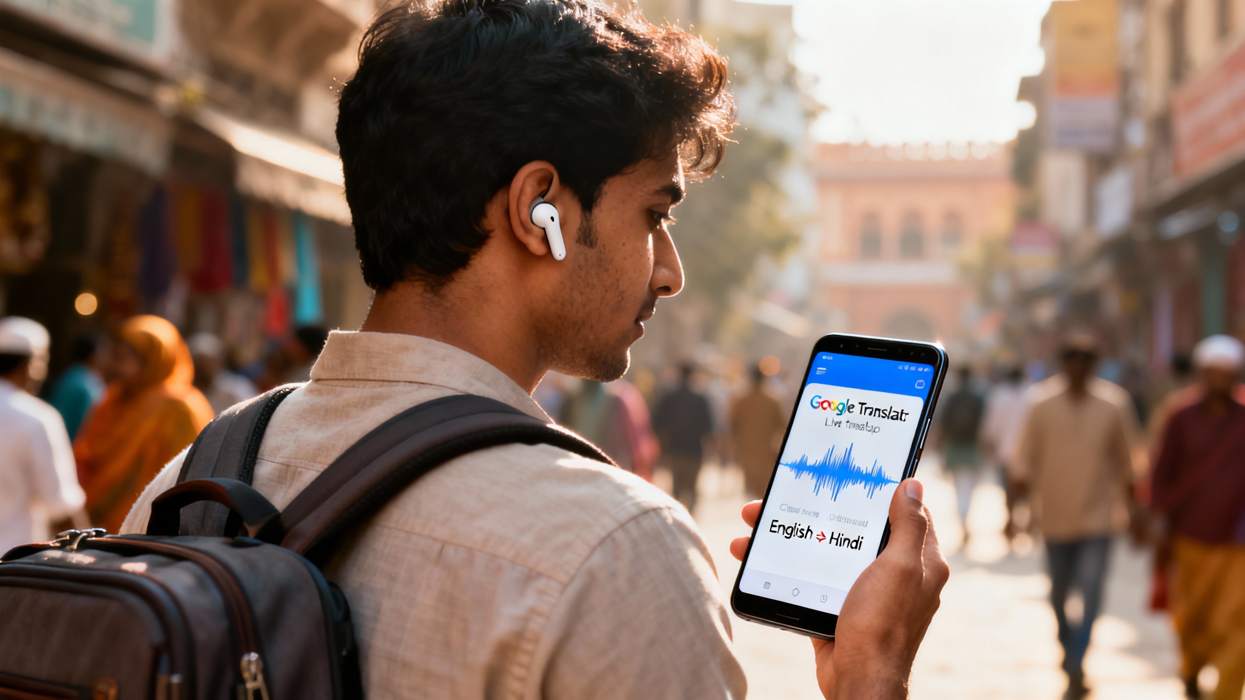 A traveler wearing modern earbuds looks at an Android phone showing the Google Translate app’s Live translate mode, with a subtle waveform and dual-language captions. Ambient city textures suggest a multilingual environment.