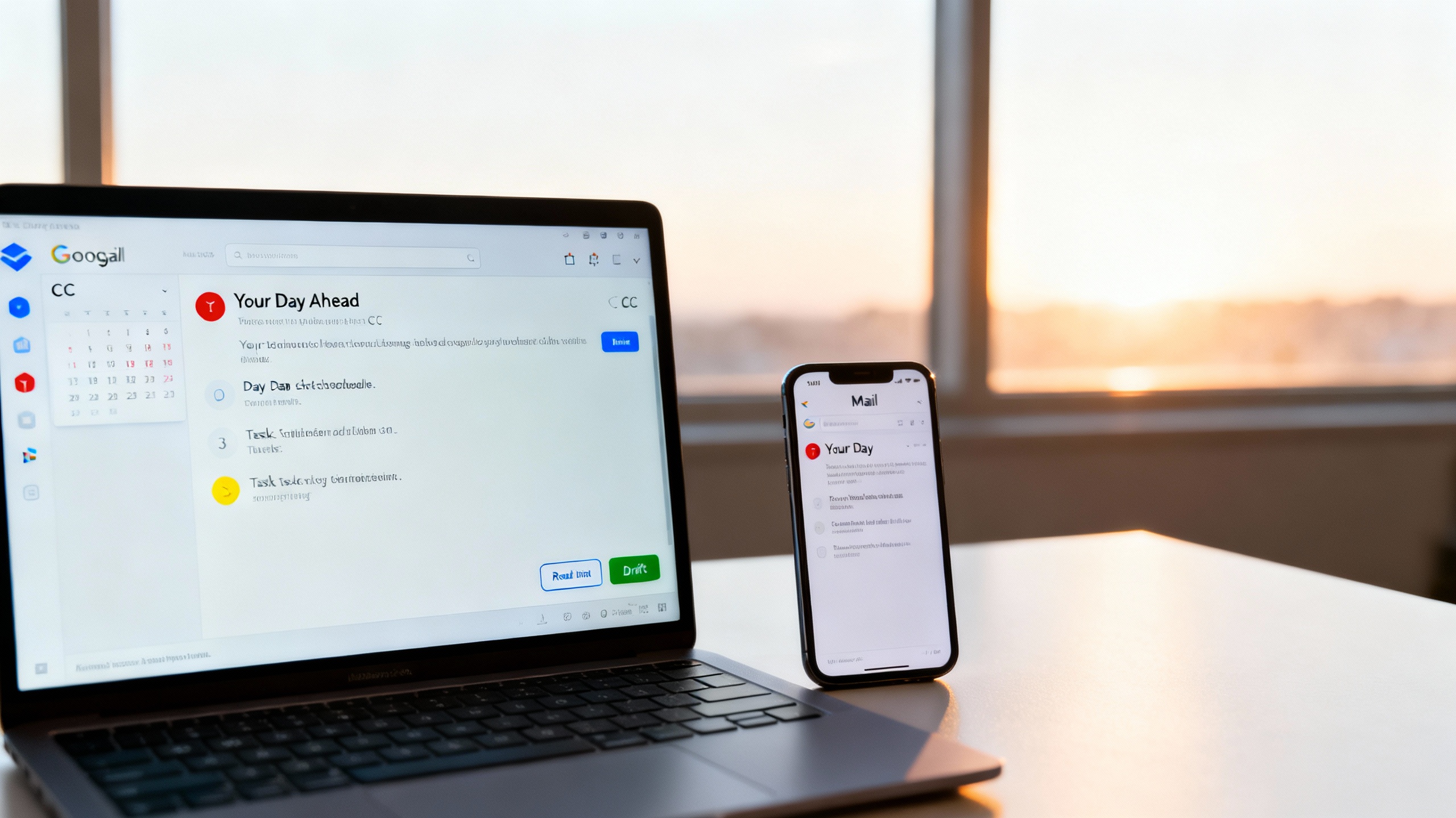 A clean, editorial-style mockup of a morning CC email labeled ‘Your Day Ahead’ displaying a schedule, tasks, and draft actions in a Gmail-like inbox on a laptop and phone, with subtle Google colors and calendar icons.
