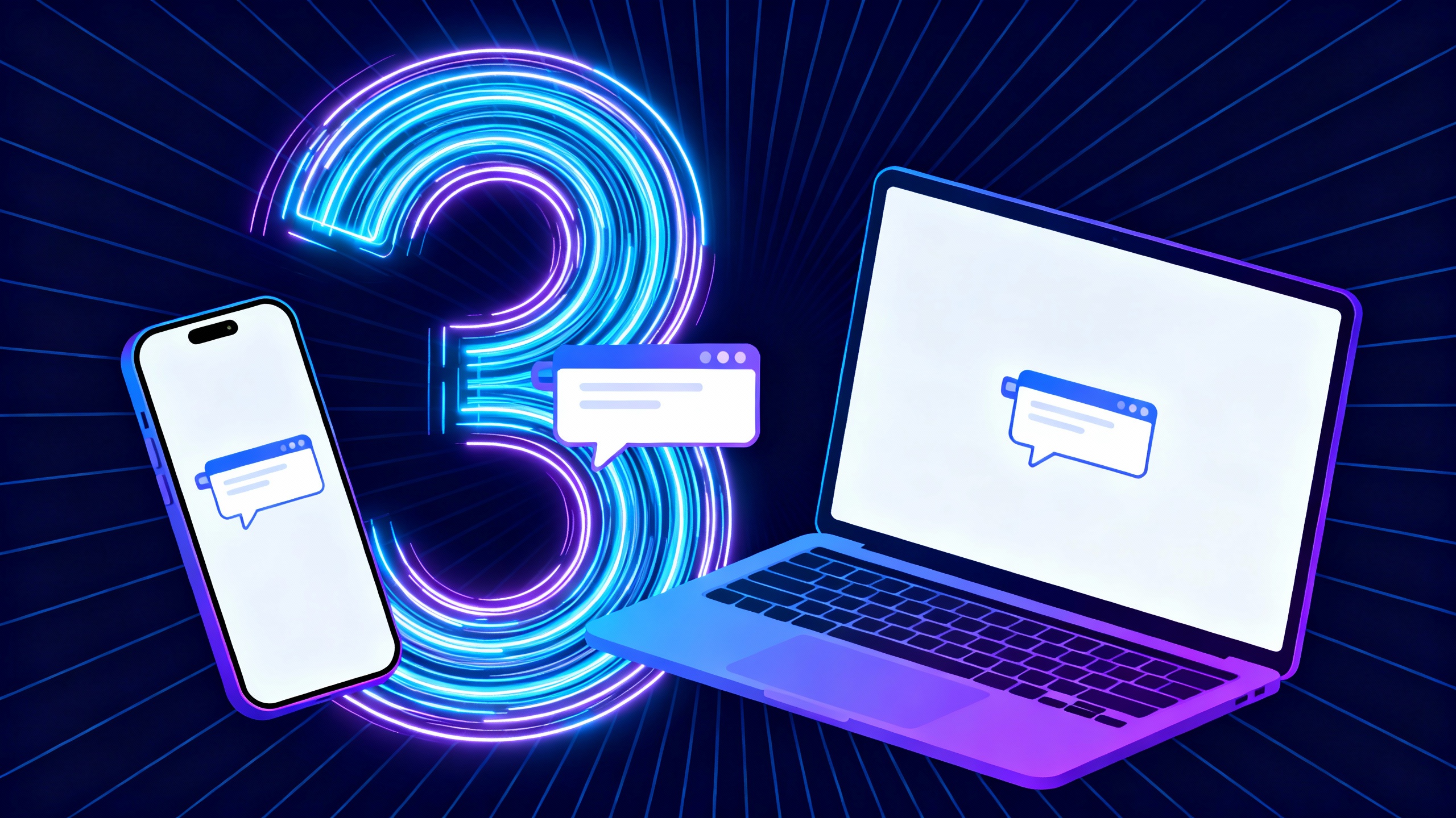 A dynamic illustration of ‘Gemini 3 Flash’ represented as a fast, streamlined light trail surrounding a chat interface, conveying speed and default status across devices.