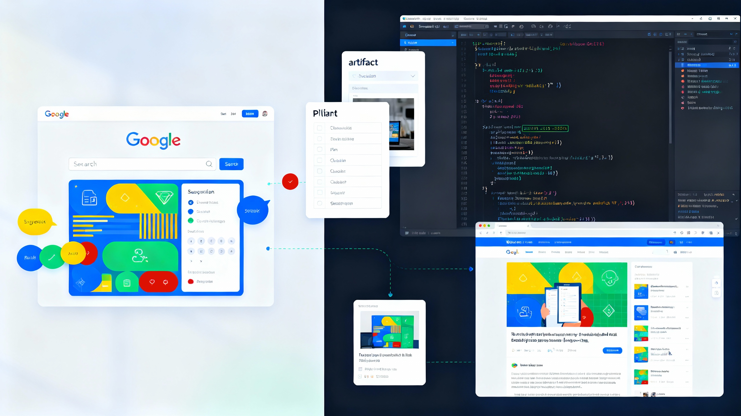 Conceptual montage: Gemini 3 responses in Google Search and an agentic coding IDE with terminal and browser panes