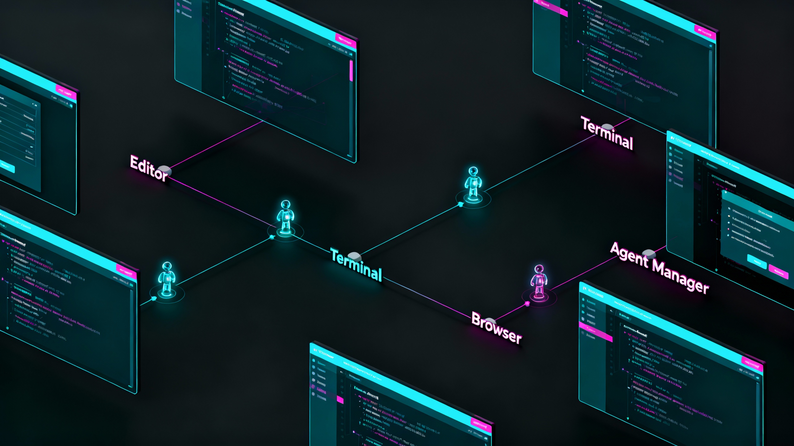 Isometric 'mission control' view of an agentic coding IDE orchestrating multiple tasks across editor, terminal and browser