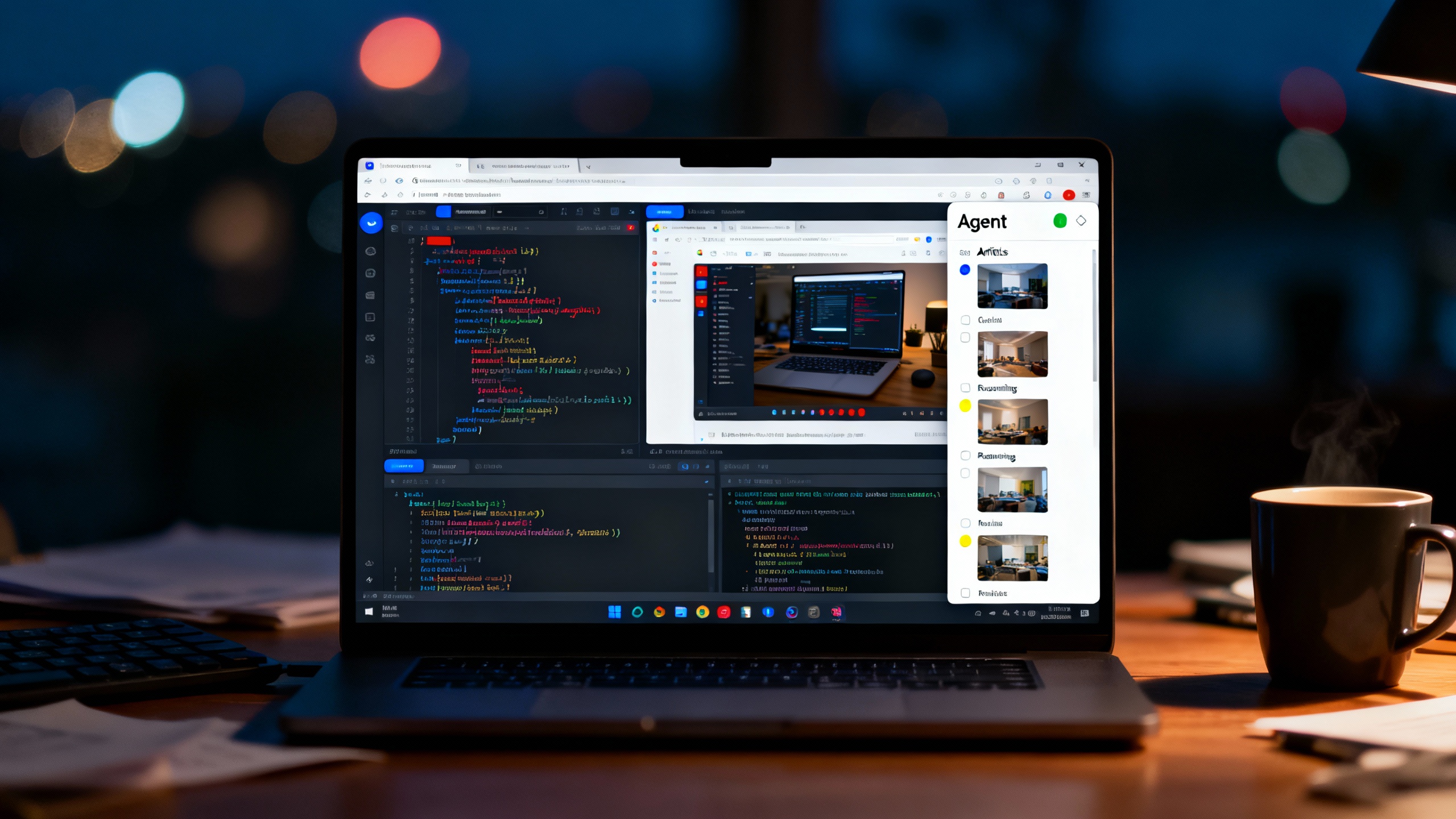 A developer using Google Antigravity: an IDE with code editor, terminal and browser, while an AI agent executes tasks and produces verifiable artifacts.