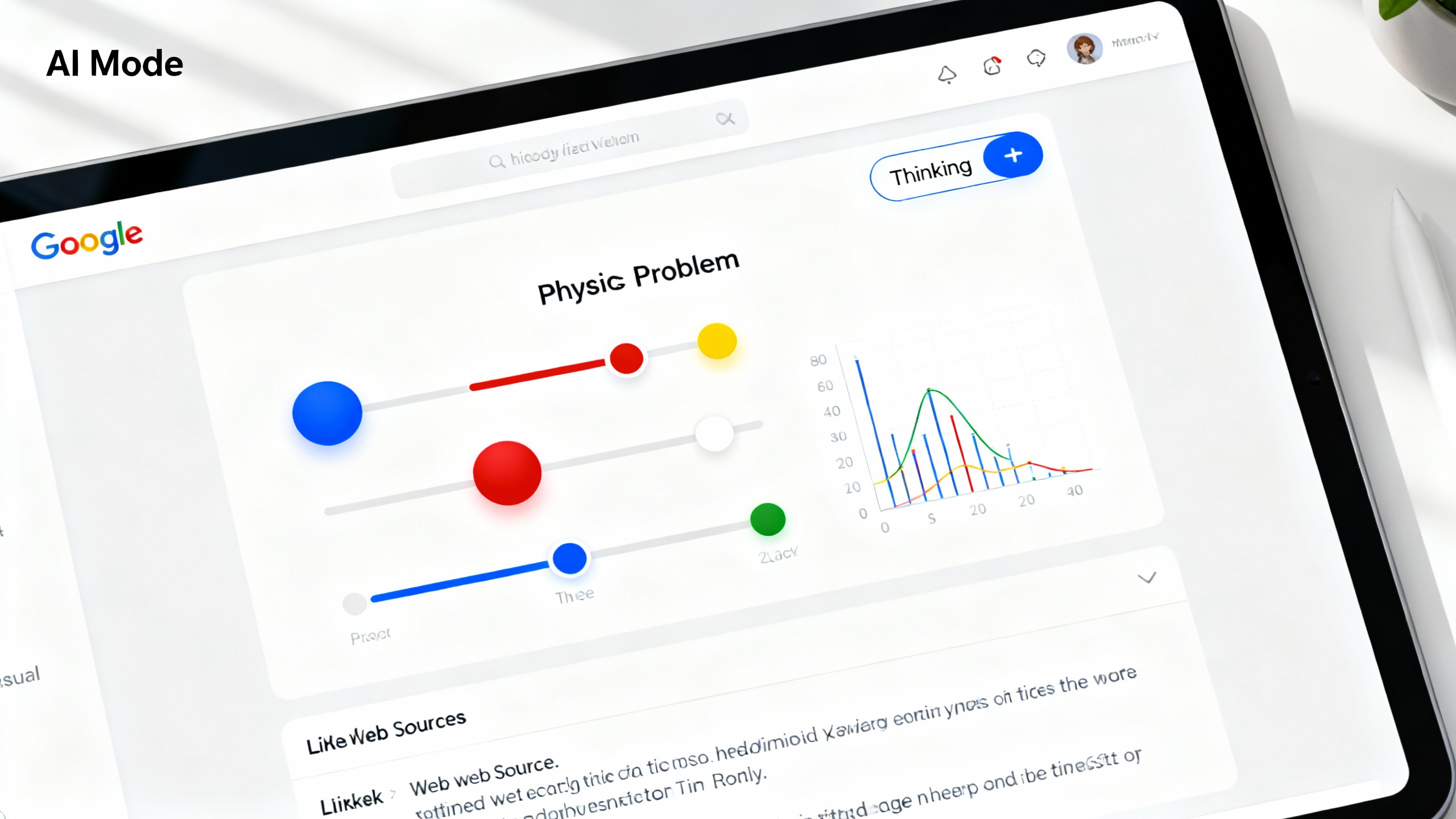 Conceptual depiction of Google Search AI Mode with a 'Thinking' toggle and an interactive simulation embedded in the result.