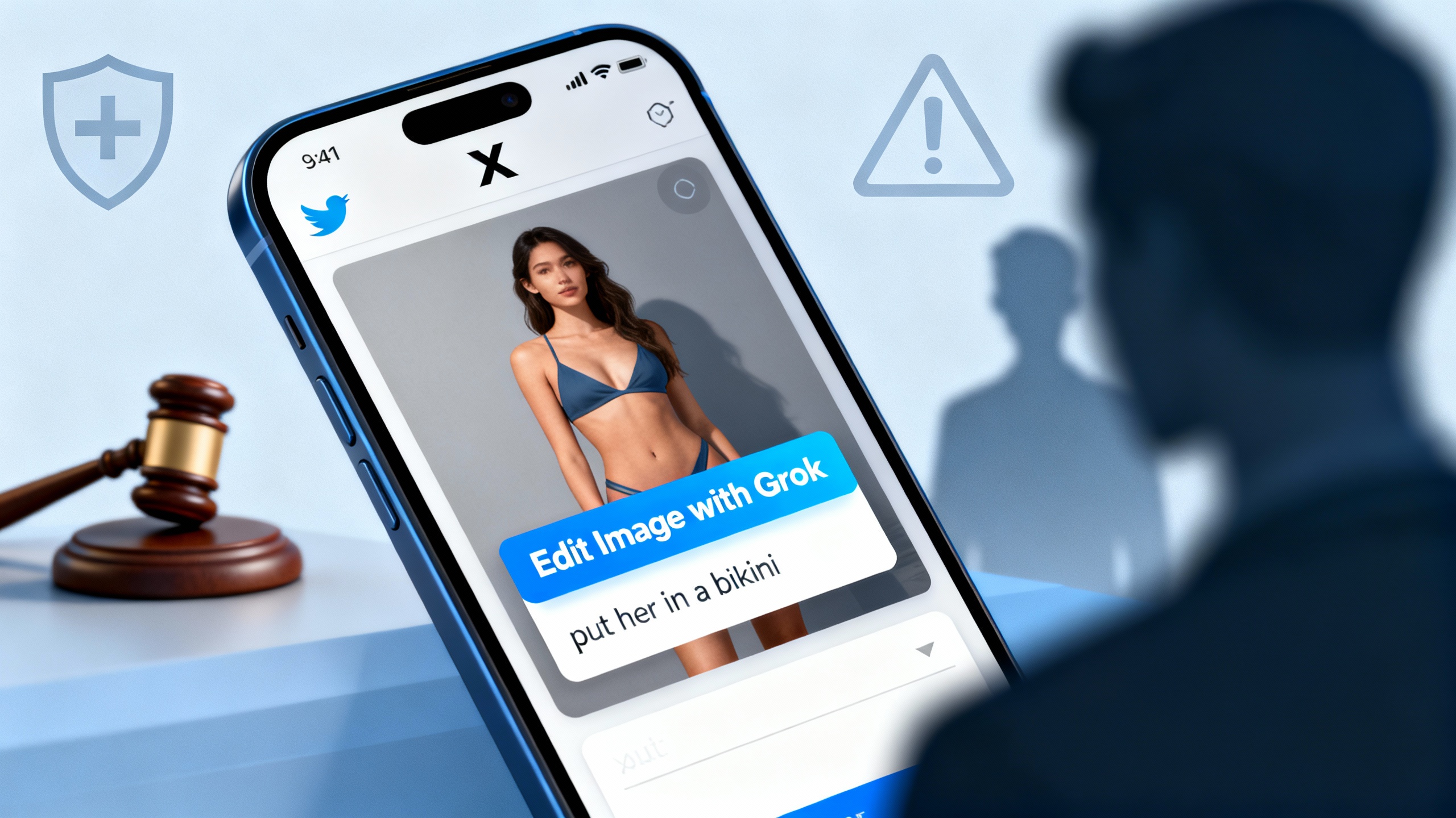 Phone showing X's Edit Image overlay and a generic 'bikini' prompt, with warning signs and policy/legal icons in the background.