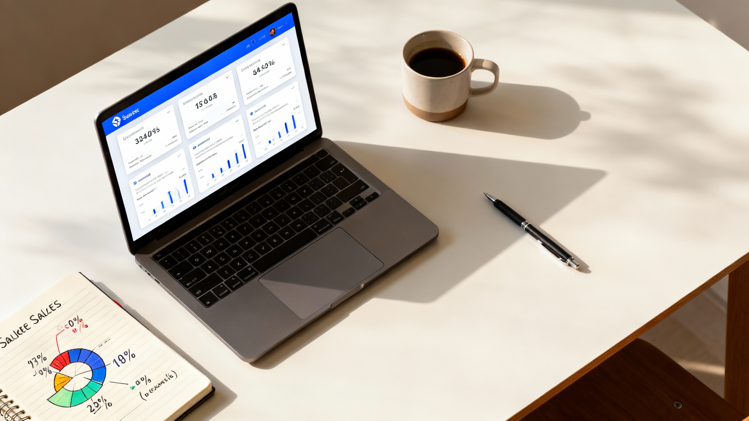A modern desk setup showing a laptop with multiple salary dashboards open, a notebook with hand-drawn salary ranges, and warm natural lighting