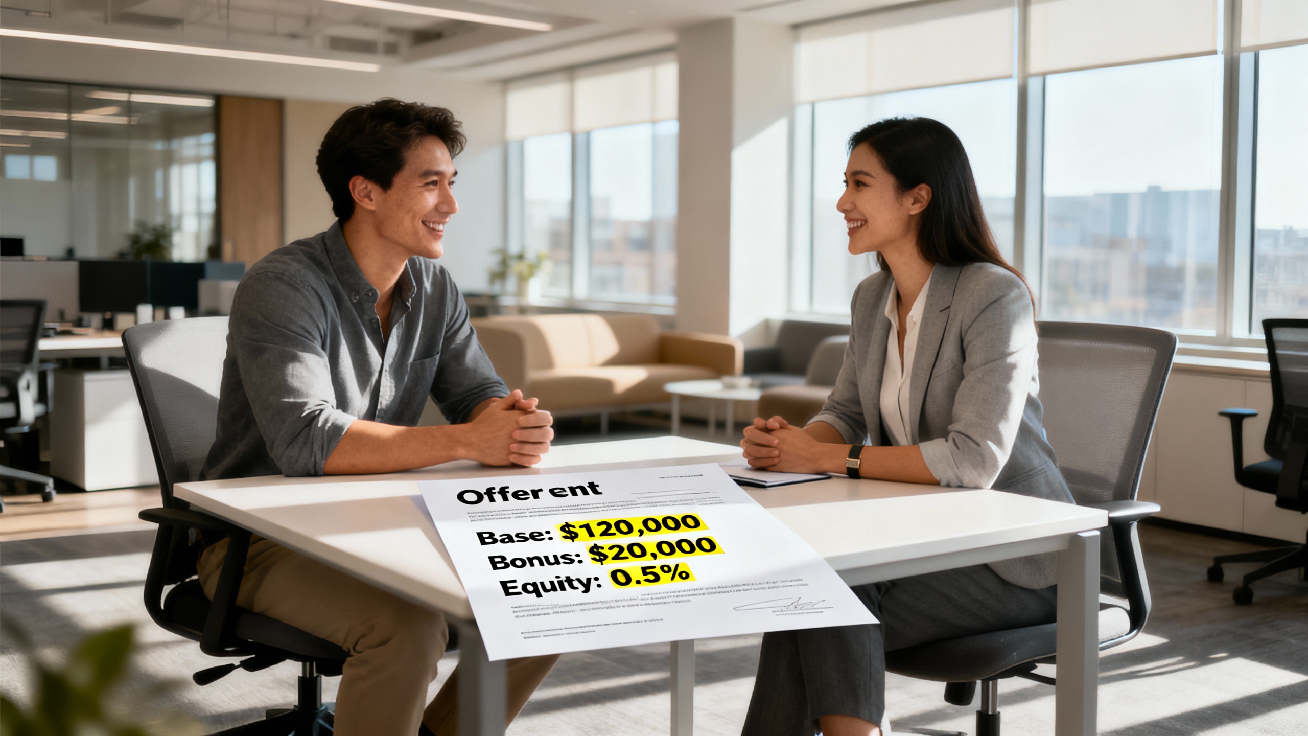 A candidate and recruiter in a bright modern office discussing a printed offer letter with highlighted compensation numbers