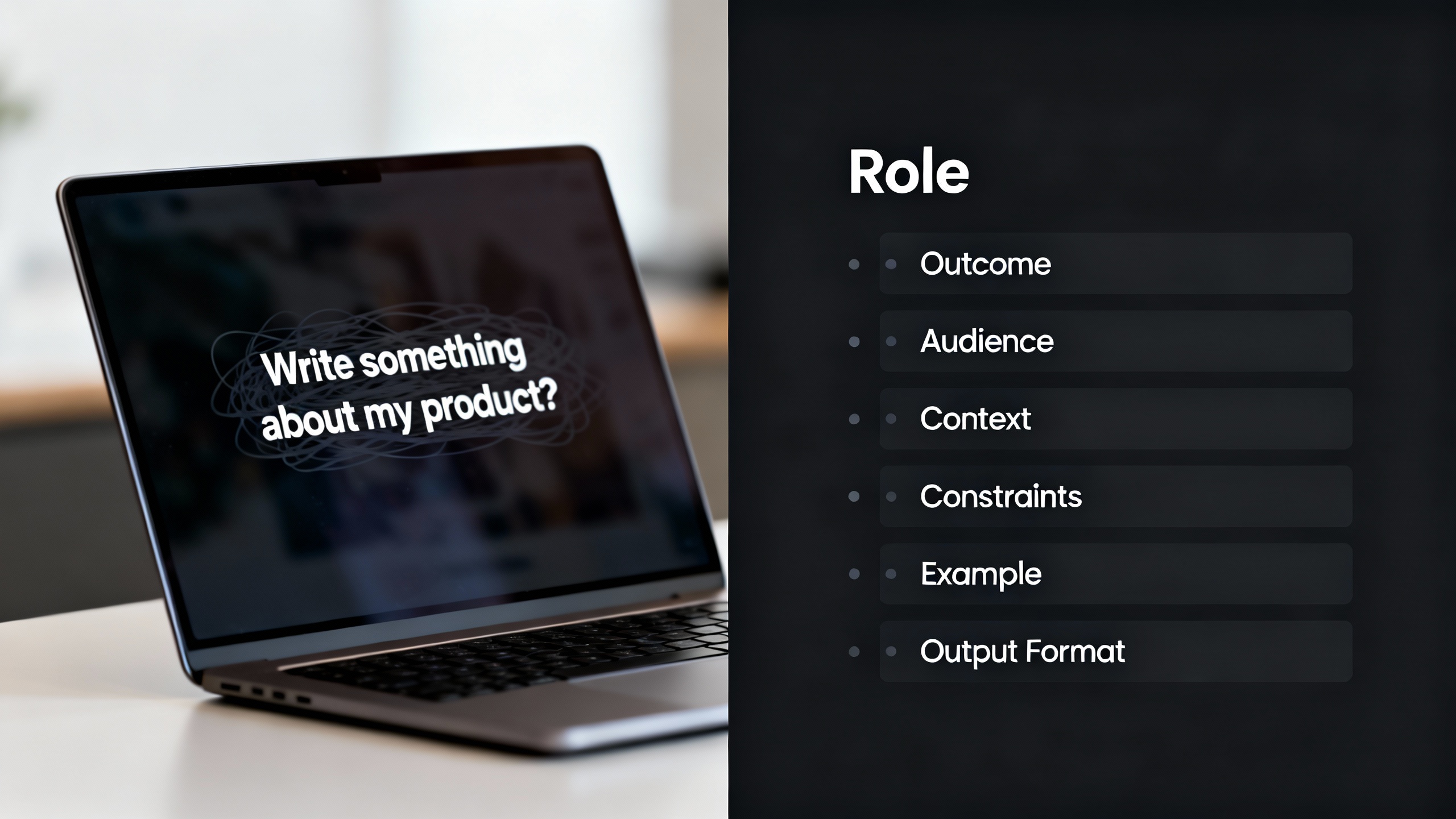 Split-screen: left shows a vague prompt; right shows a structured prompt with role, constraints, examples, and JSON output