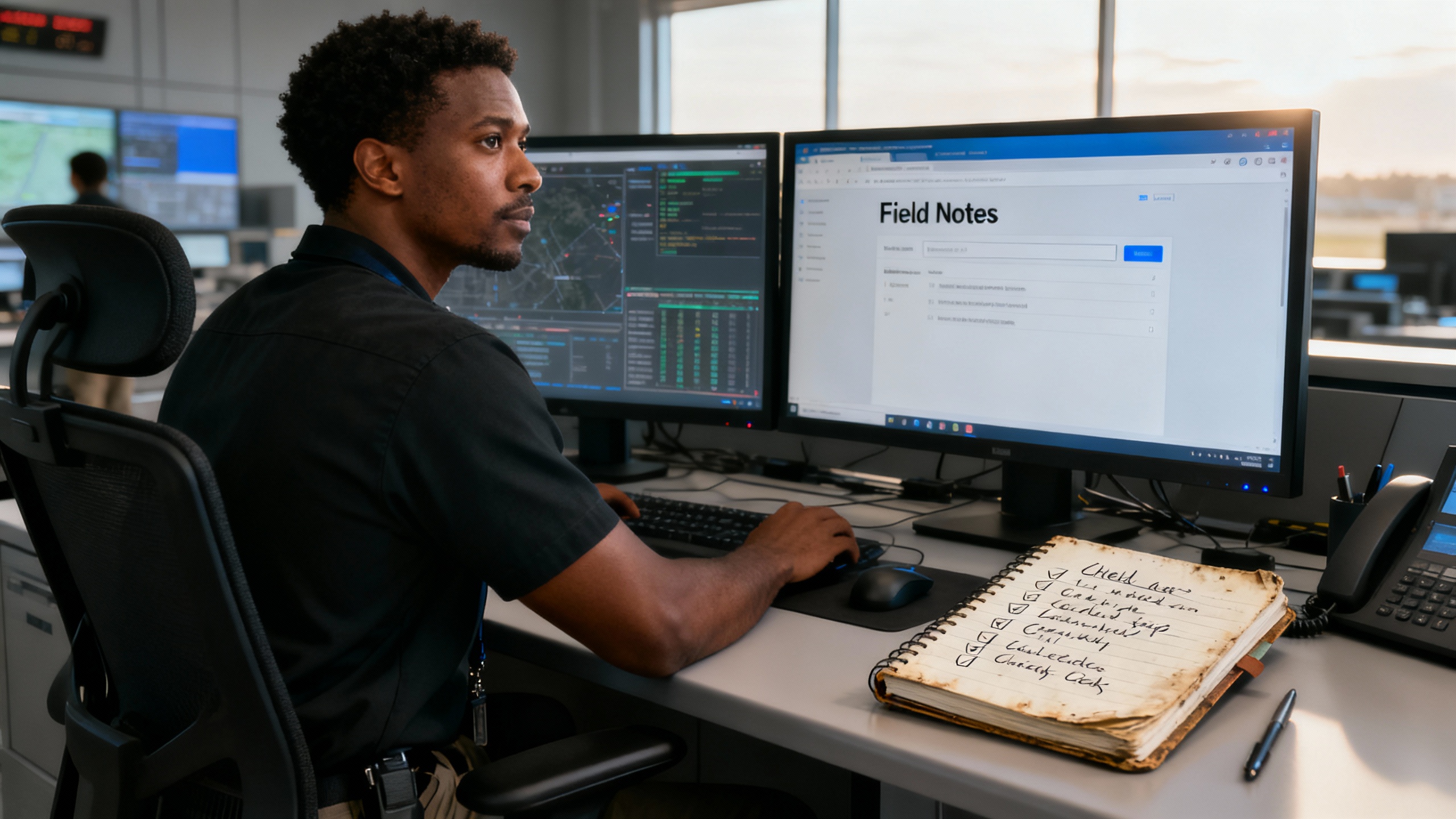 Operator cross-referencing a physical field notebook with a modern wiki on dual monitors in a control room.