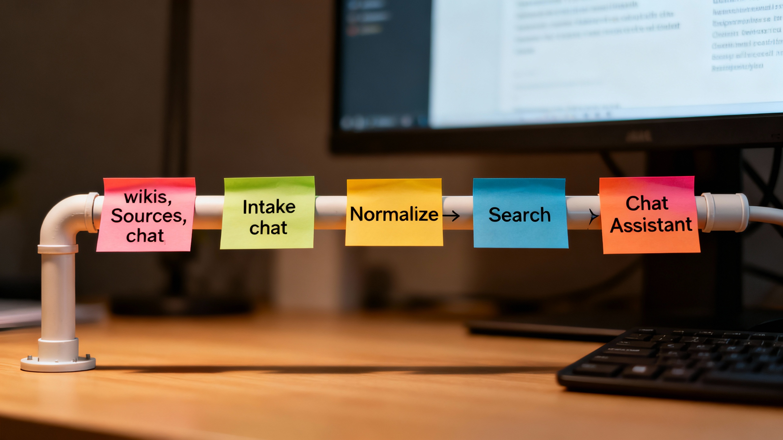 Conceptual desk-top view of the field-notes pipeline: sources to intake to normalize to search to a chat assistant, represented by sticky notes and arrows.