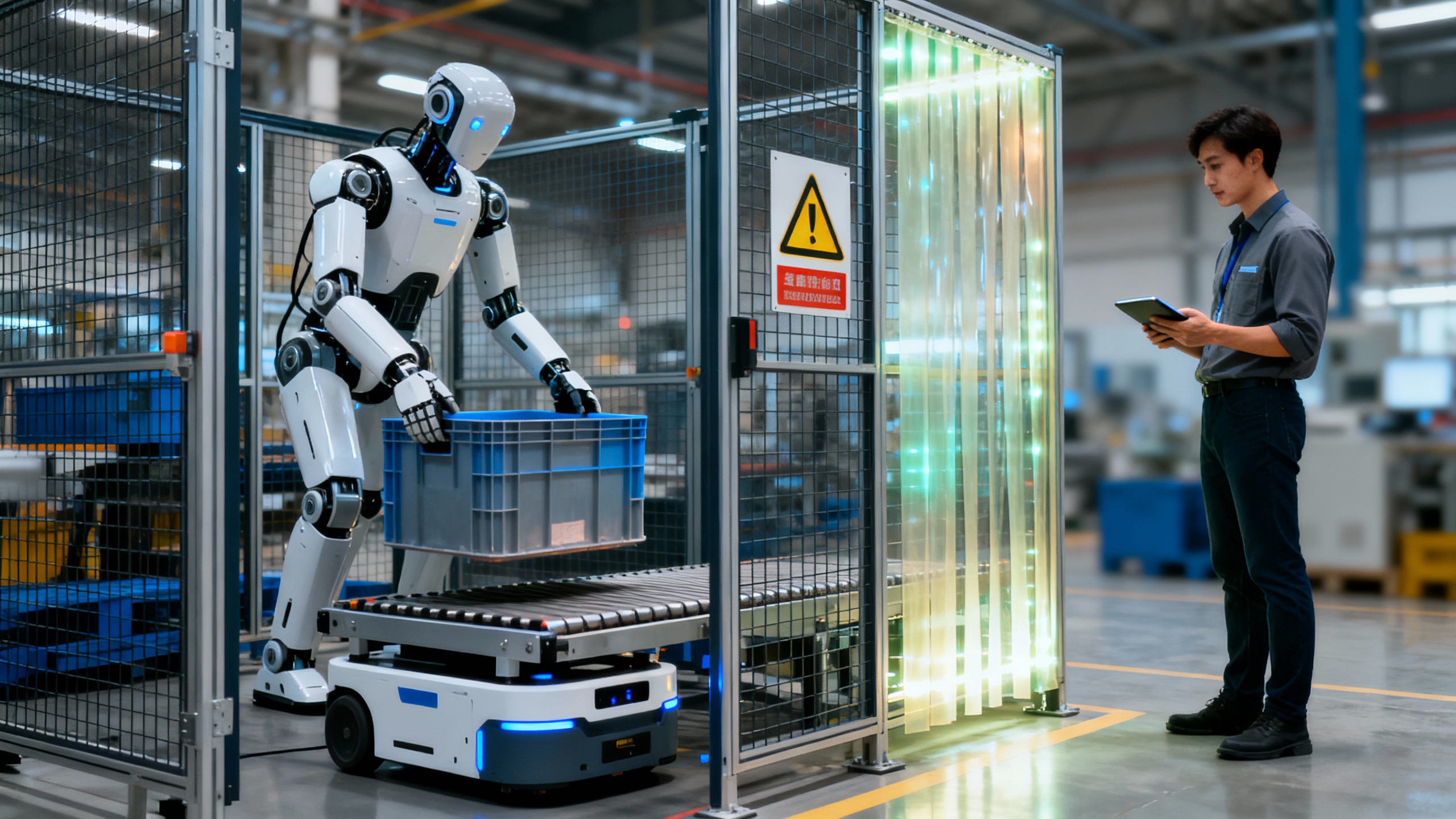 A humanoid robot working inside a caged cell on a factory floor, handing plastic totes to a conveyor while a human operator monitors from outside the cell. Industrial lighting, high-realism editorial photo.