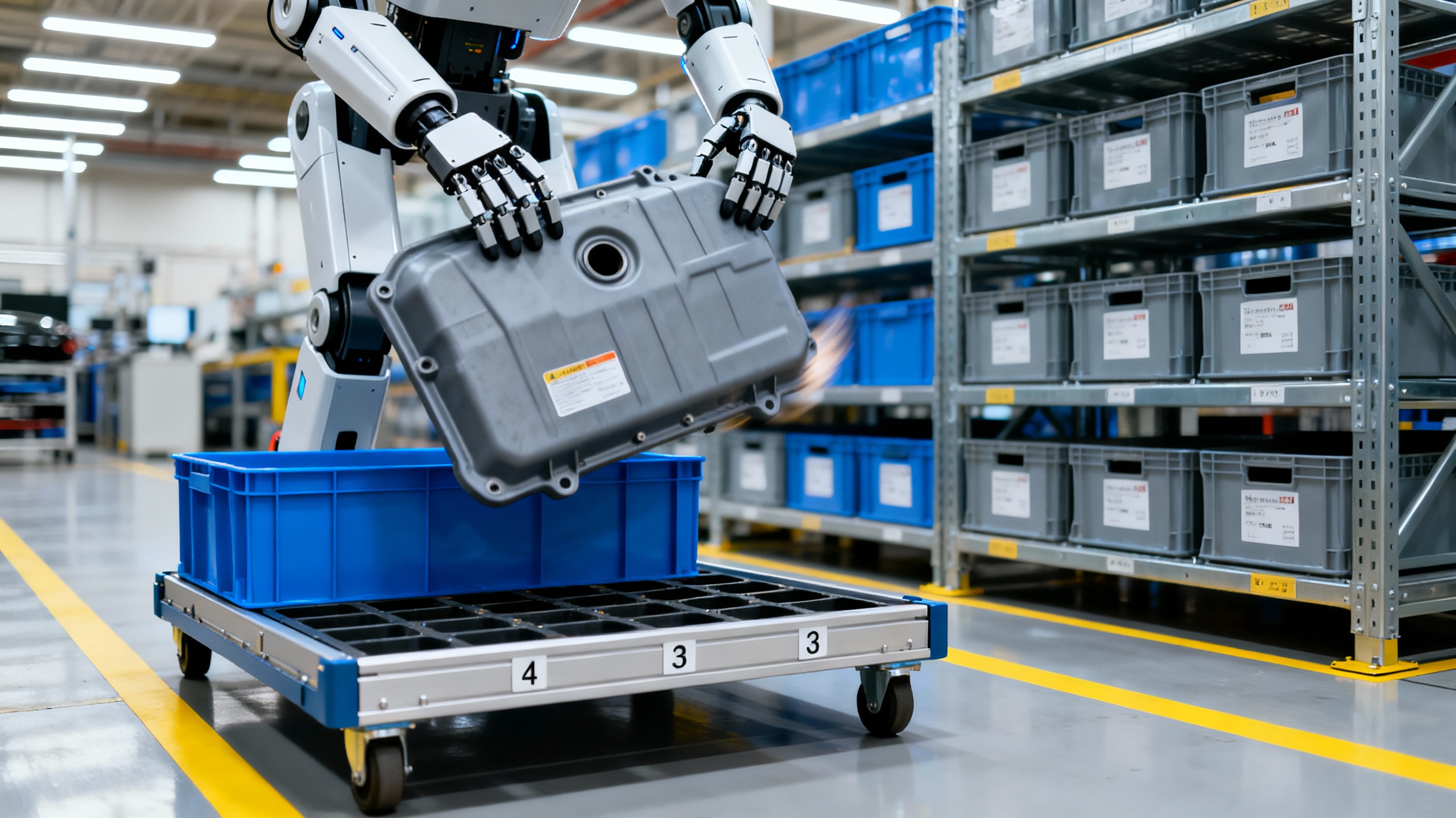 Electric Atlas moving engine covers between bins and a mobile sequencing dolly inside a mock factory cell