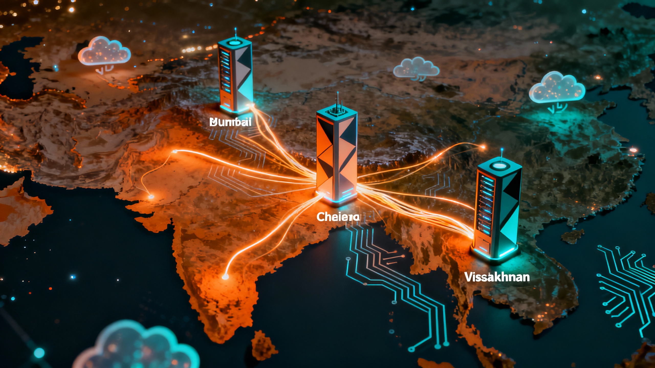 A stylized India map glowing with data center clusters and fiber links, symbolizing hyperscaler investment.