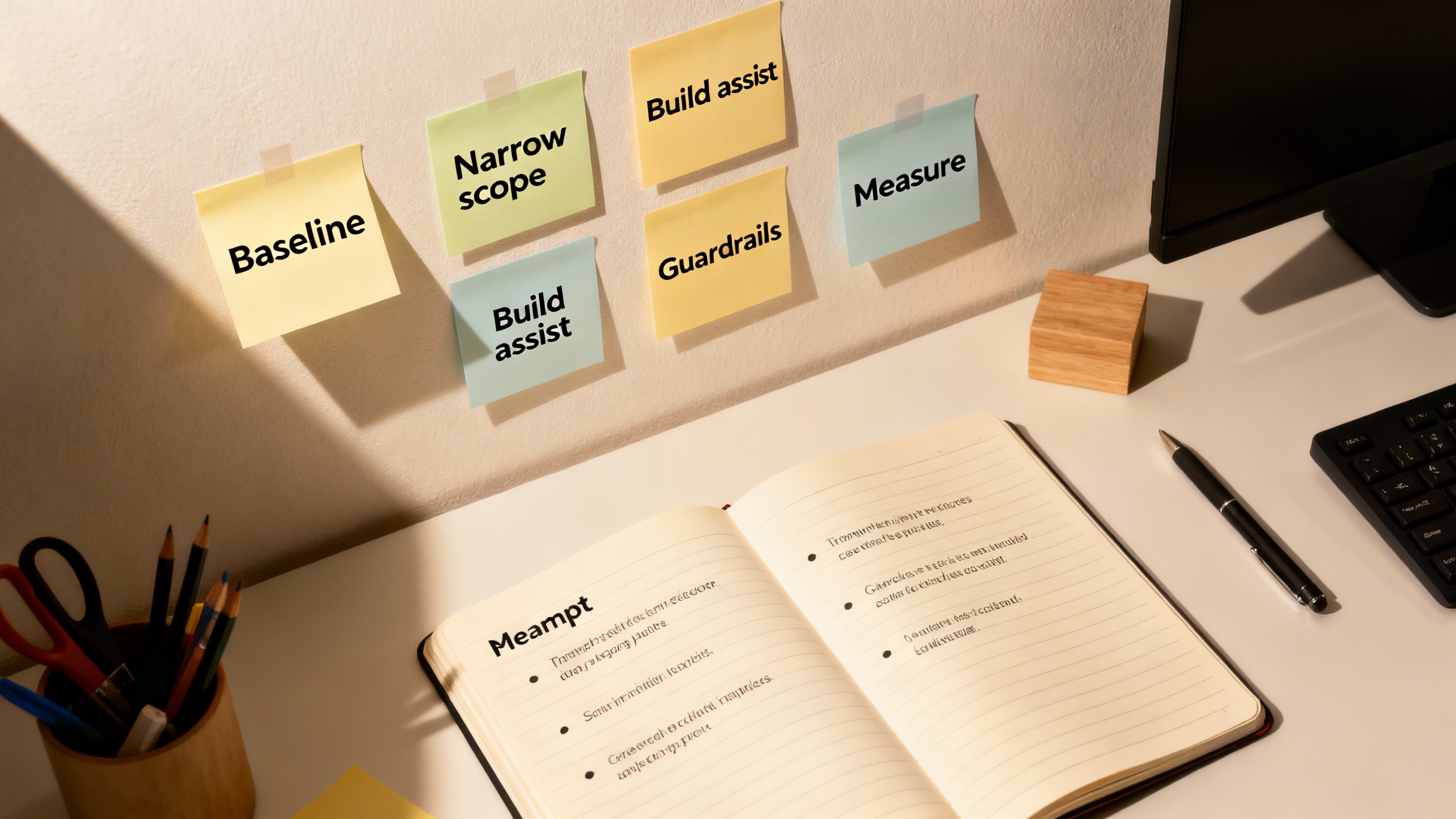 A tidy kanban-style workspace showing a 90-day AI pilot plan with sticky notes labeled Baseline, Build, Guardrails, Measure