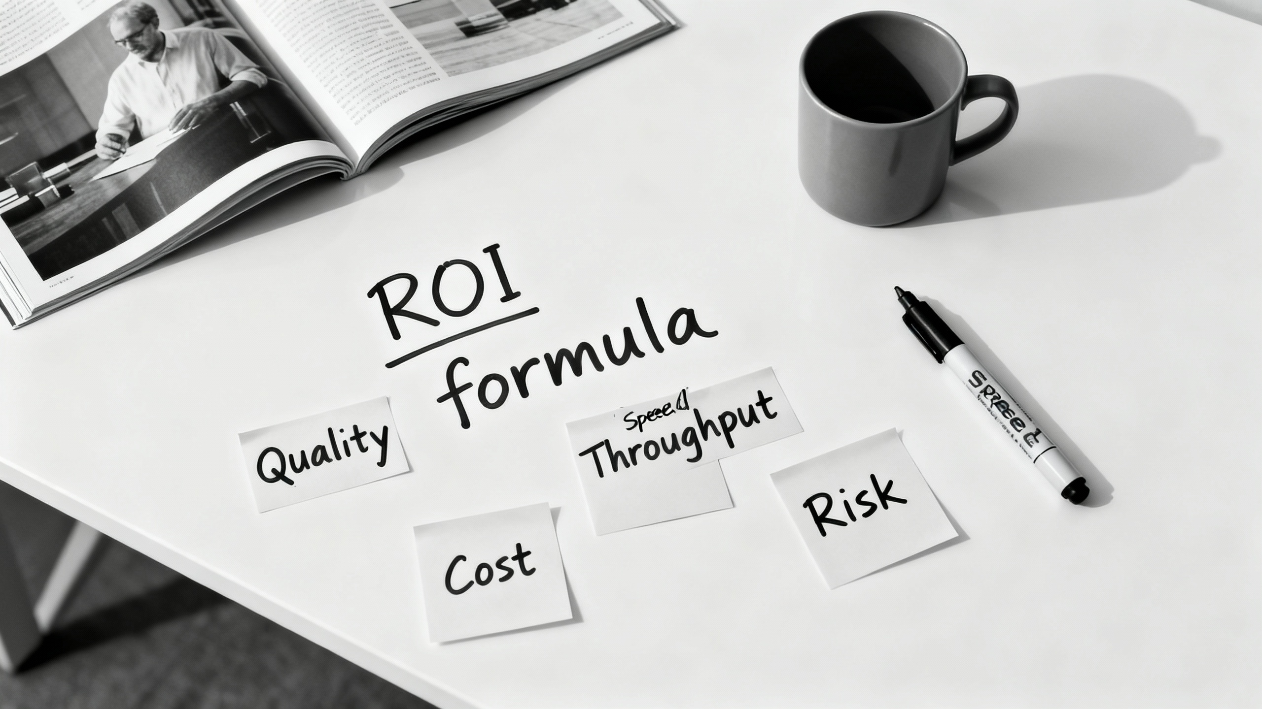 A whiteboard with a clean ROI formula and sticky notes for Speed, Quality, Cost, and Risk