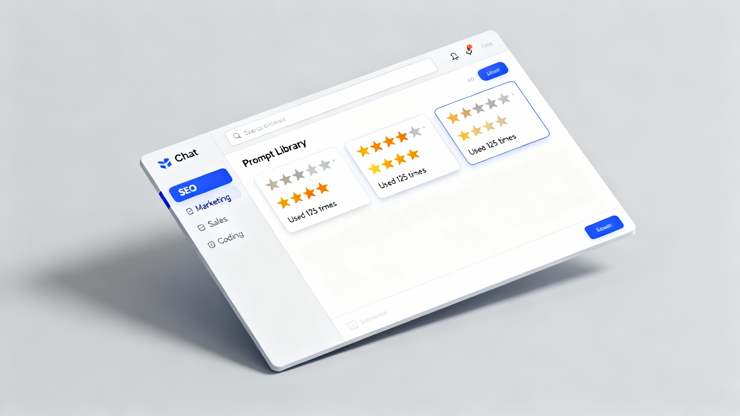 A clean browser window showing a prompt library overlay on top of a chat interface, with categories like SEO, Marketing, Coding, and Operations, plus search and rating filters.