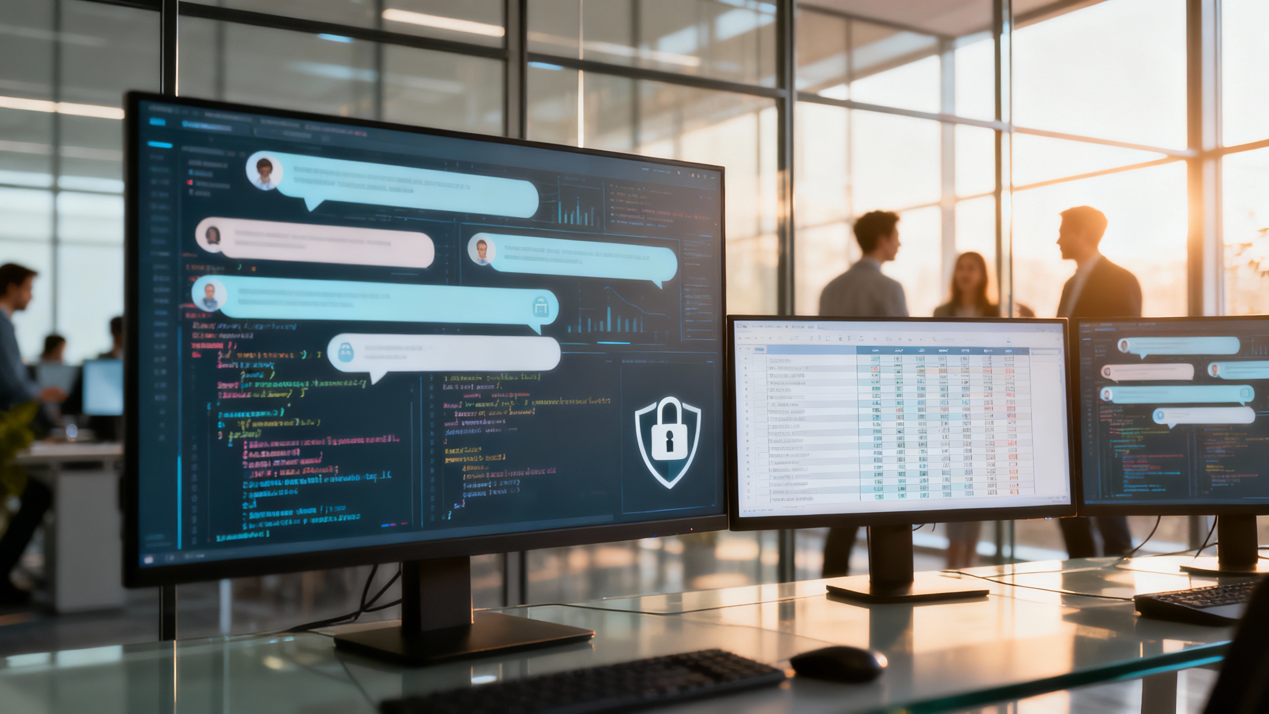 A modern enterprise team collaborating around screens showing abstract chat bubbles and security locks, suggesting a secure AI workspace