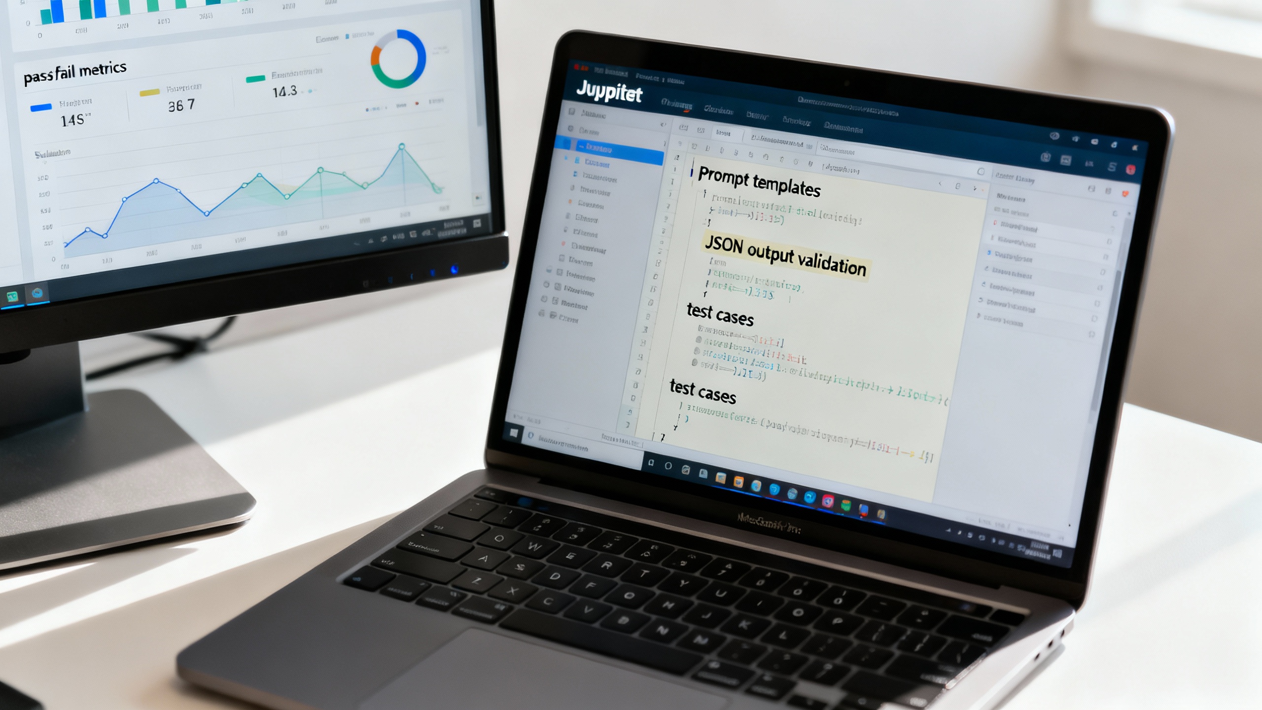 Close-up of a laptop running a Jupyter notebook with prompts, JSON schema validation, and test results; a second screen shows an evaluation dashboard with pass/fail metrics; clean modern desk setup