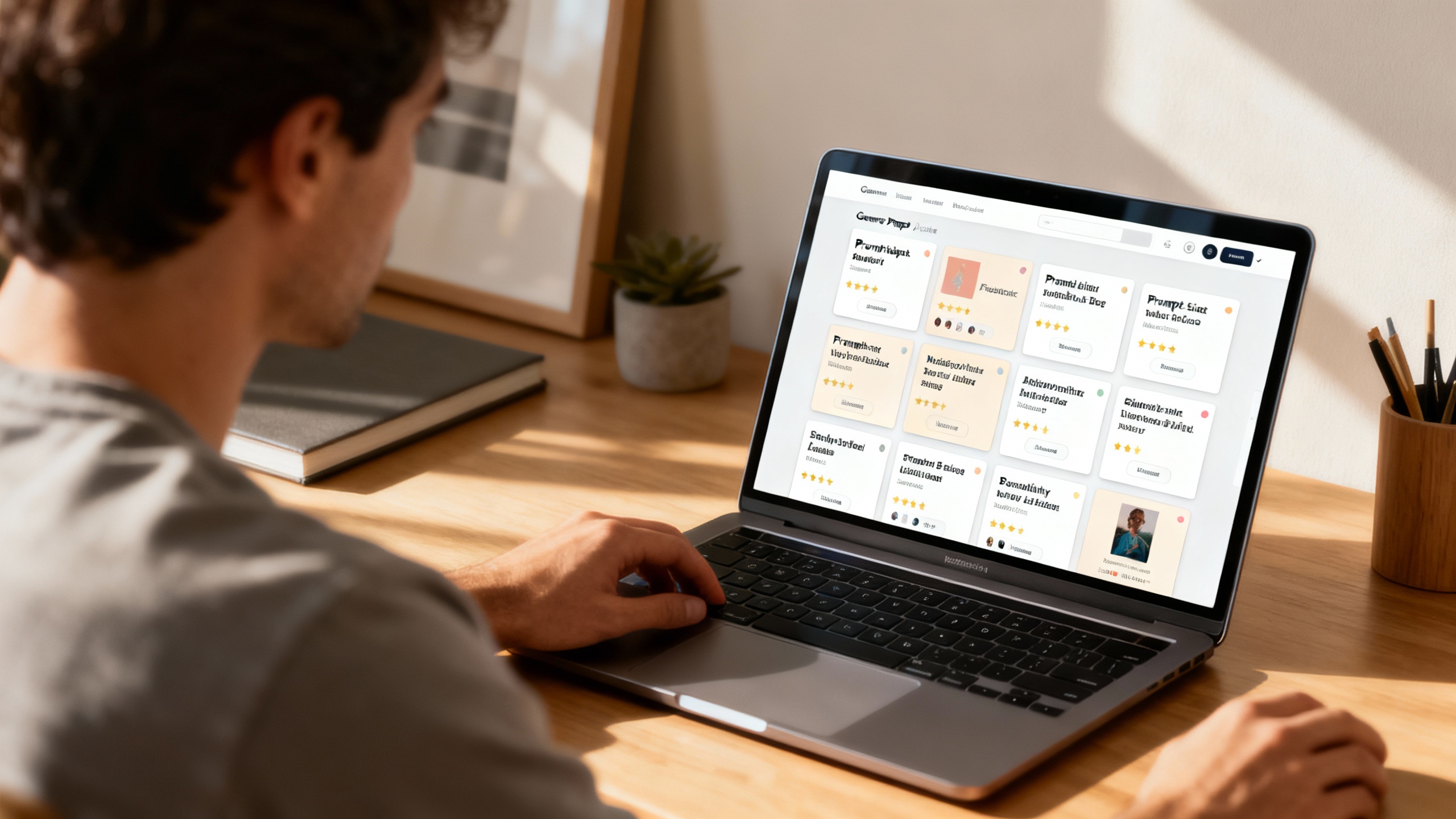 Person at a modern desk browsing a prompt marketplace with card-style listings and category tags