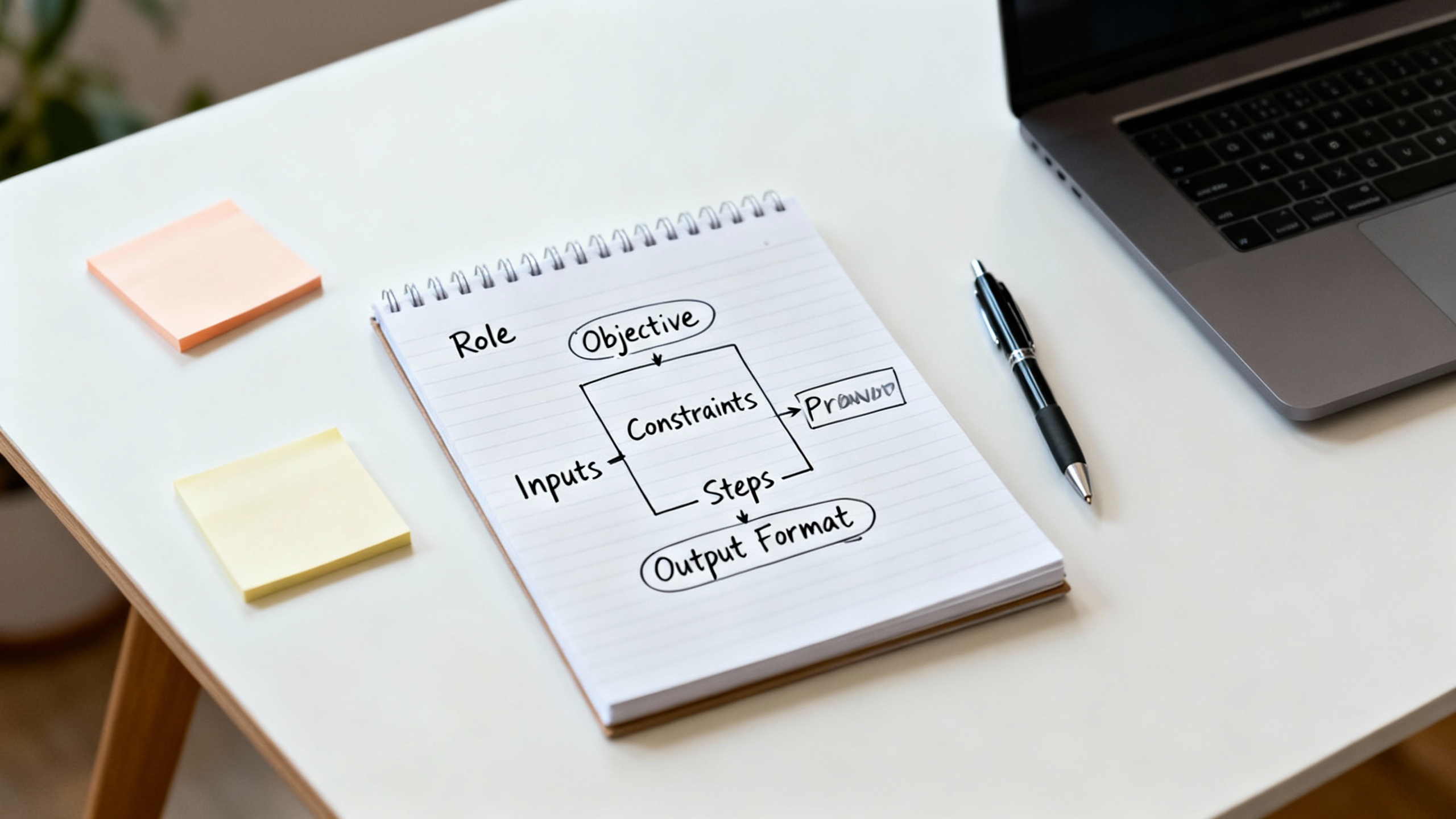 Notebook beside a laptop showing a sketched prompt framework with sections: Role, Objective, Inputs, Constraints, Steps, Output Format