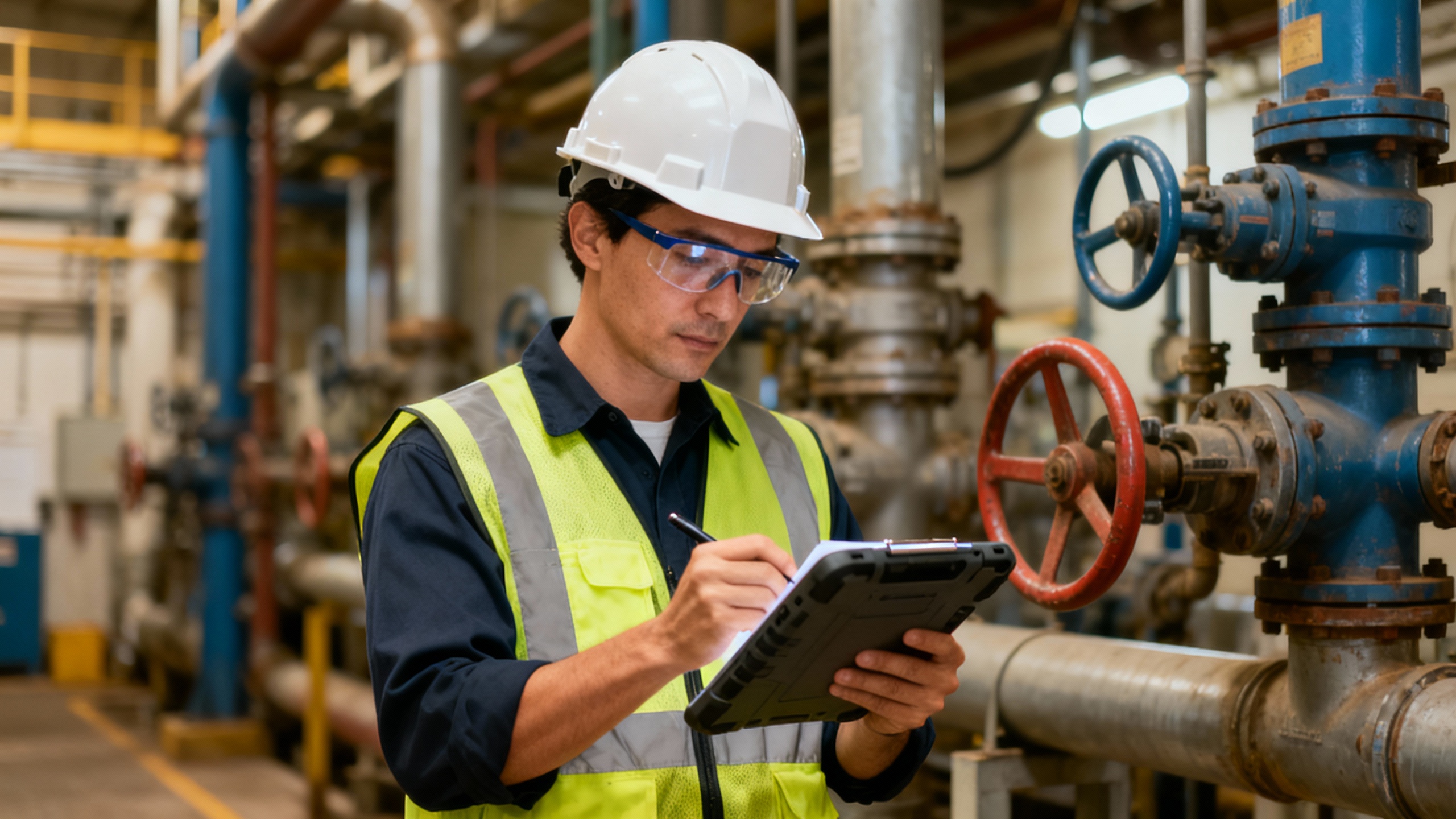 Field operator capturing notes on a rugged tablet during rounds in an industrial plant