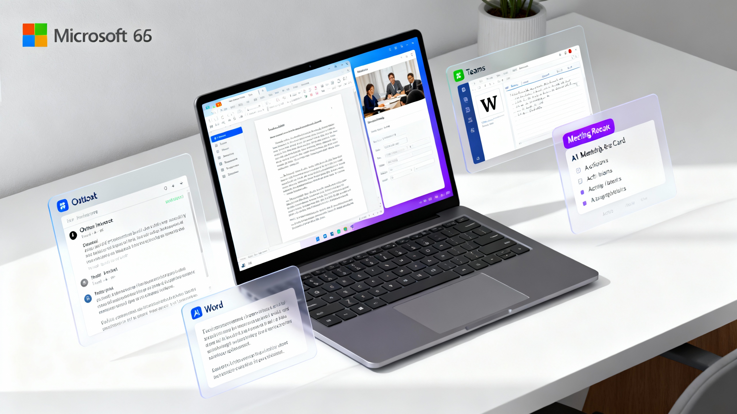 A clean, modern workspace showing Microsoft 365 apps with Copilot panels summarizing emails, drafting a document, and a meeting recap overlay