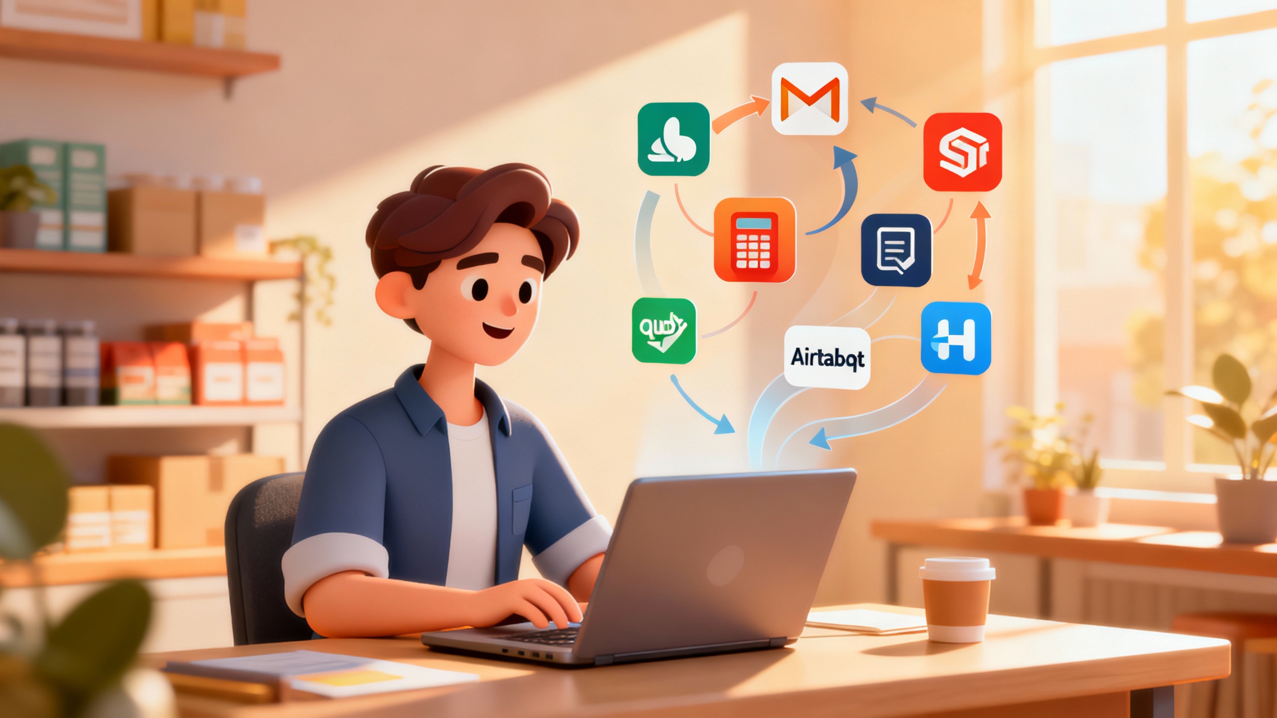 Small business owner at a laptop with app icons connected by flows: Gmail, Shopify, Slack, QuickBooks, Airtable, HubSpot.