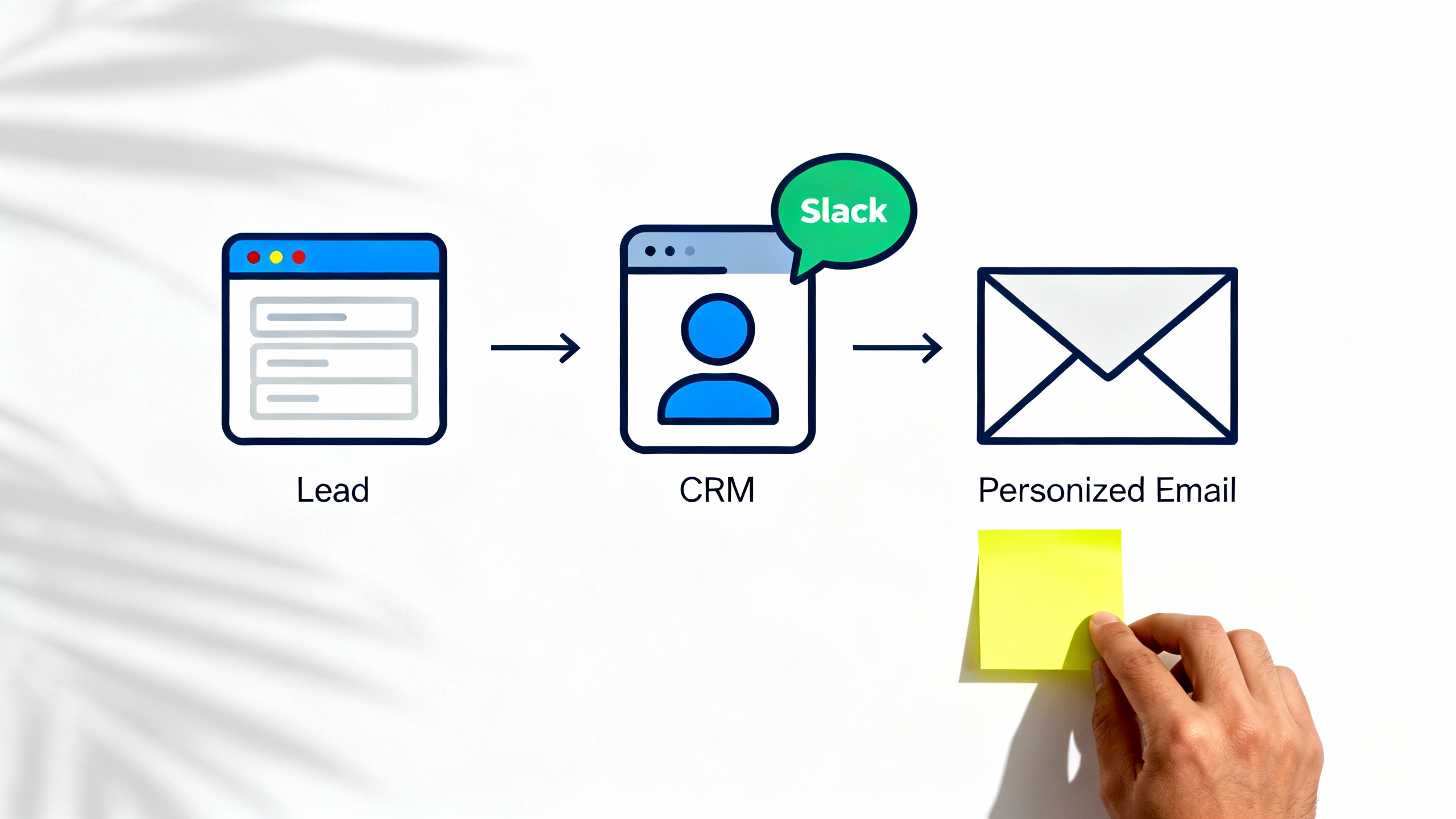 Storyboard of a lead flowing from a web form into a CRM, then a Slack notification and a confirmation email.