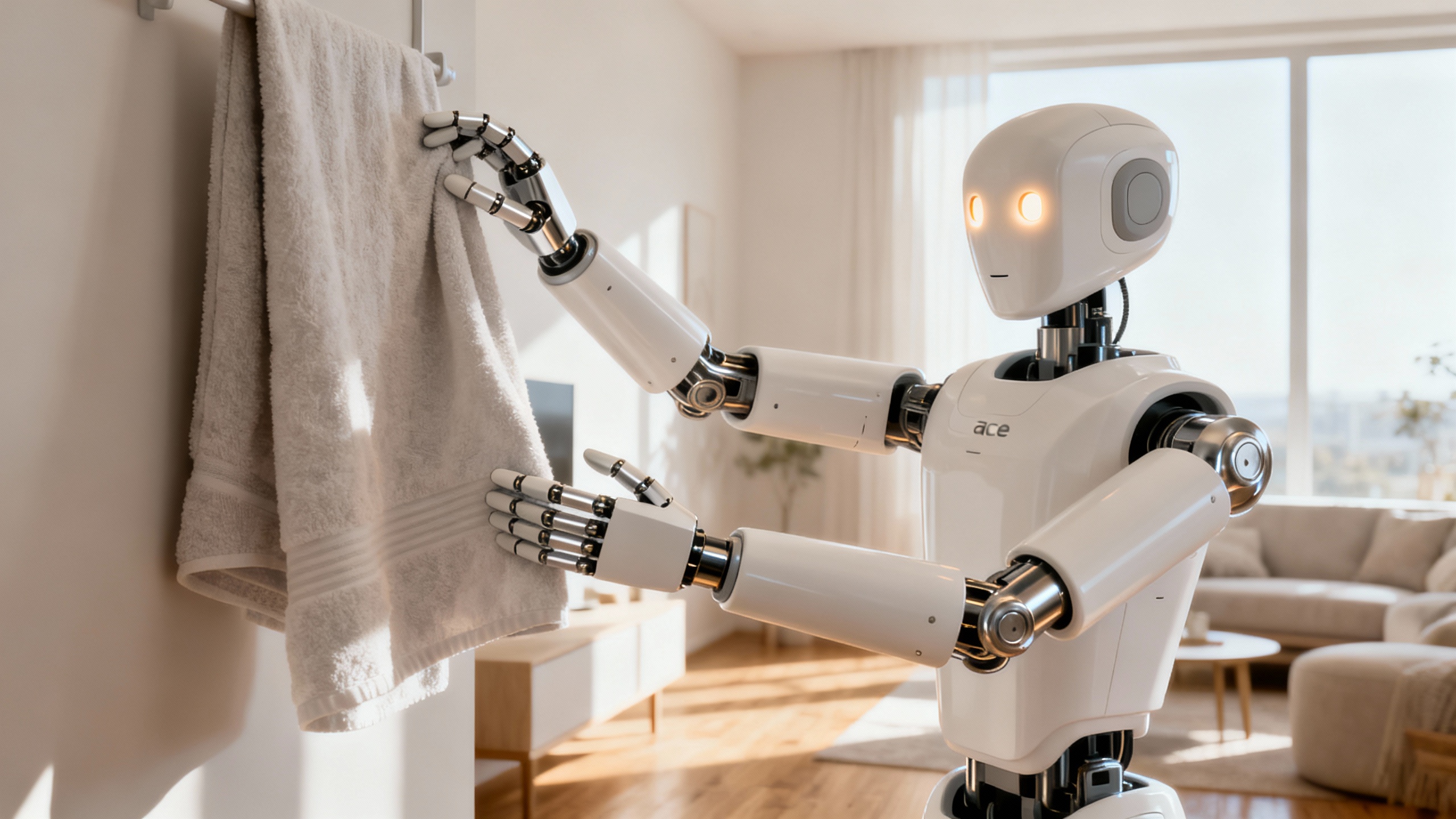 LG two-armed home robot concept with five-fingered hands reaching for a towel in a modern living room