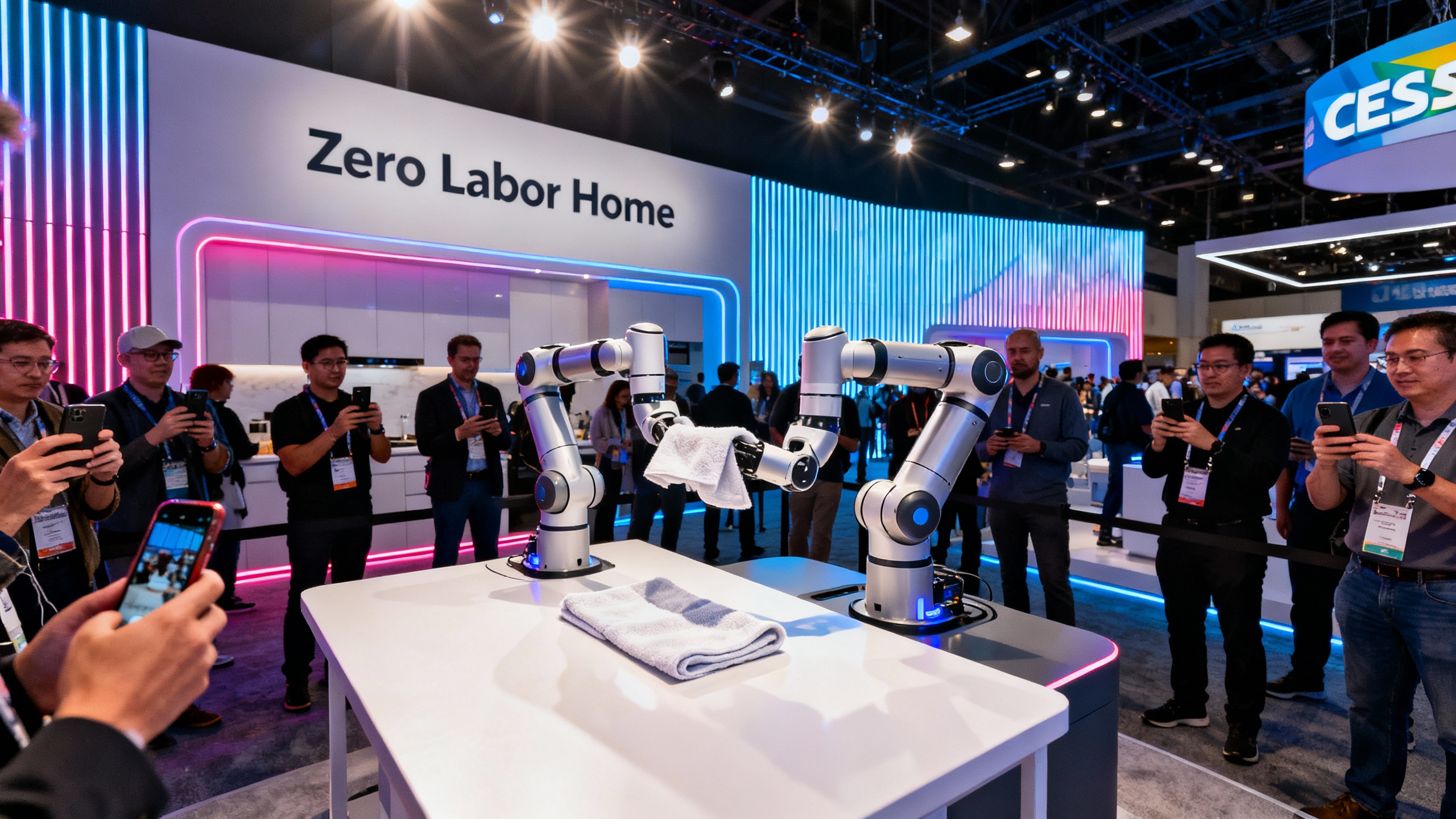 A bustling CES booth scene where a two-armed home robot demonstrates a household task to curious attendees