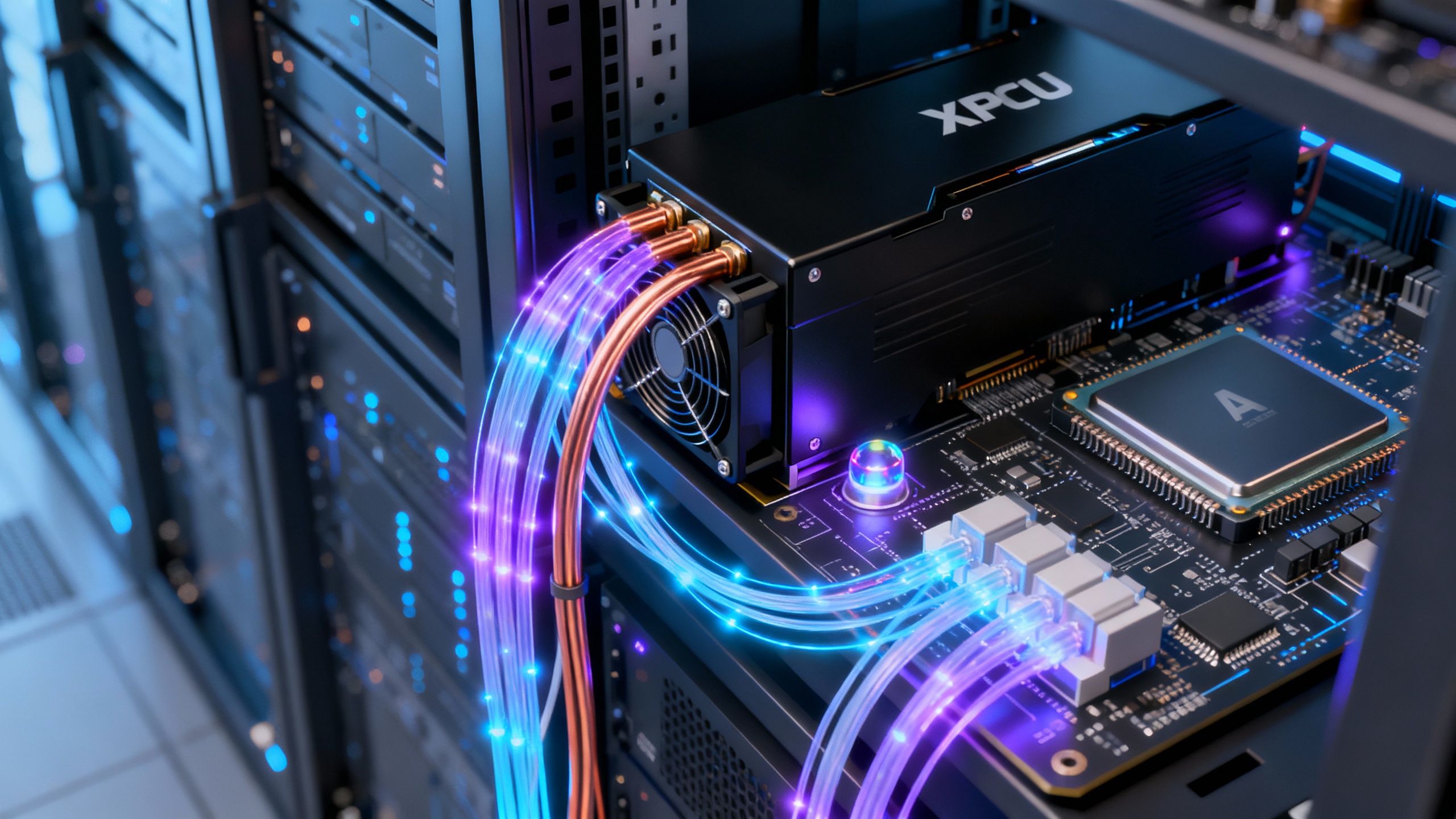 Concept art of an AI data center rack where GPUs/XPUs are linked by glowing optical fibers, symbolizing photonic interconnects replacing copper.