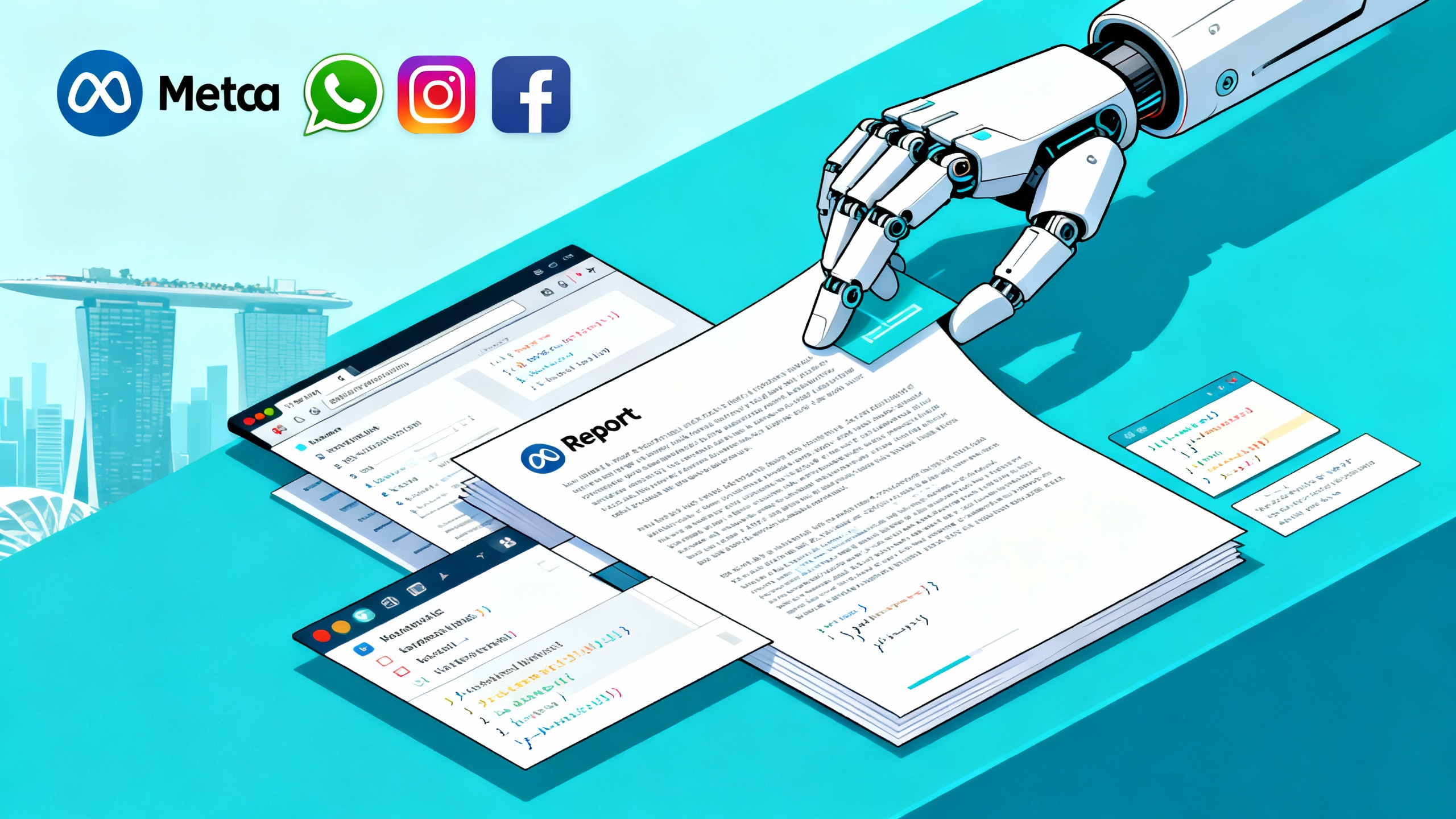 Illustration of Meta and Manus: Meta logo and app icons alongside a robotic hand executing multi‑step tasks with a Singapore skyline backdrop