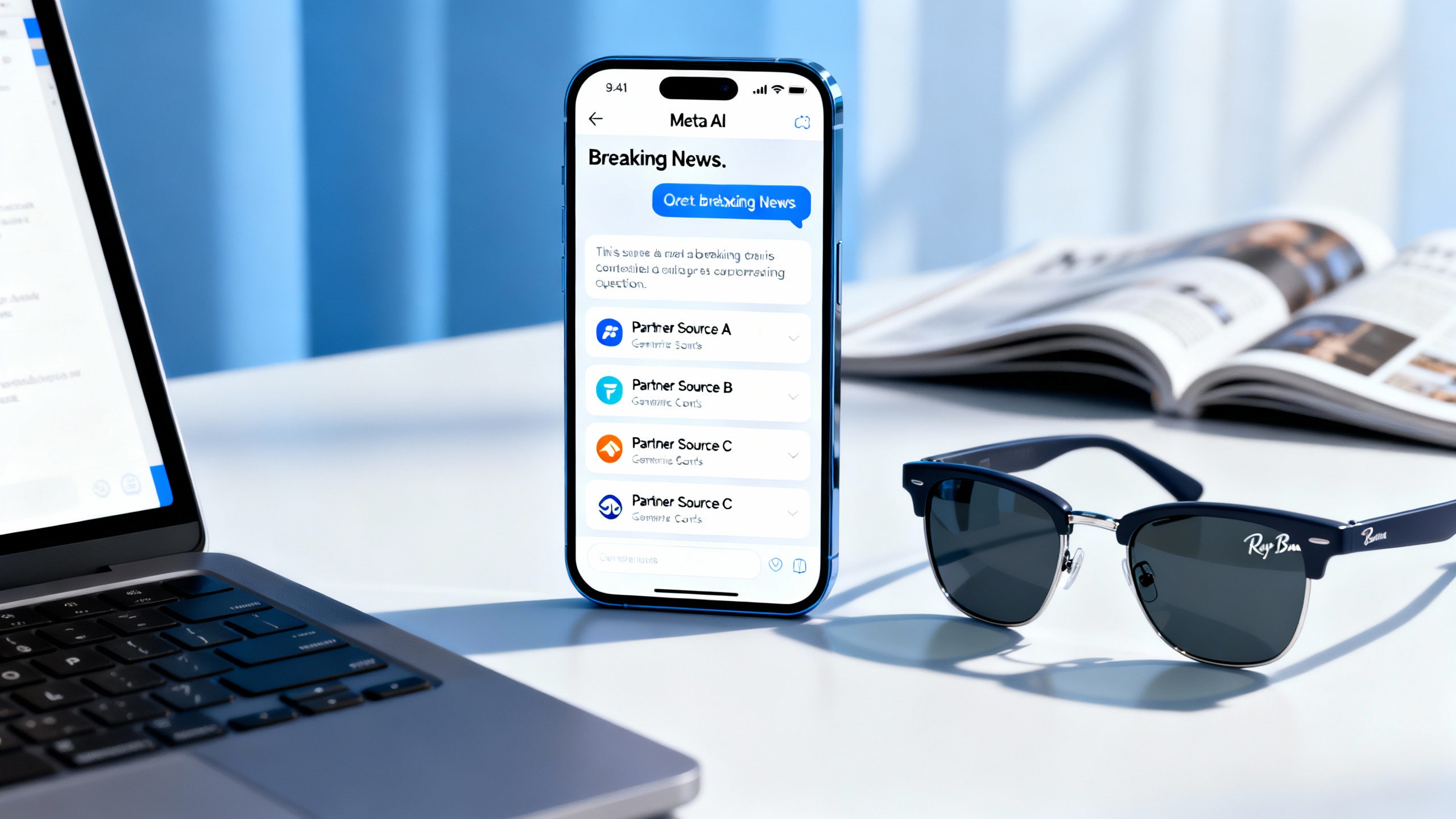 Conceptual illustration of Meta AI answering a news question with multiple publisher source cards