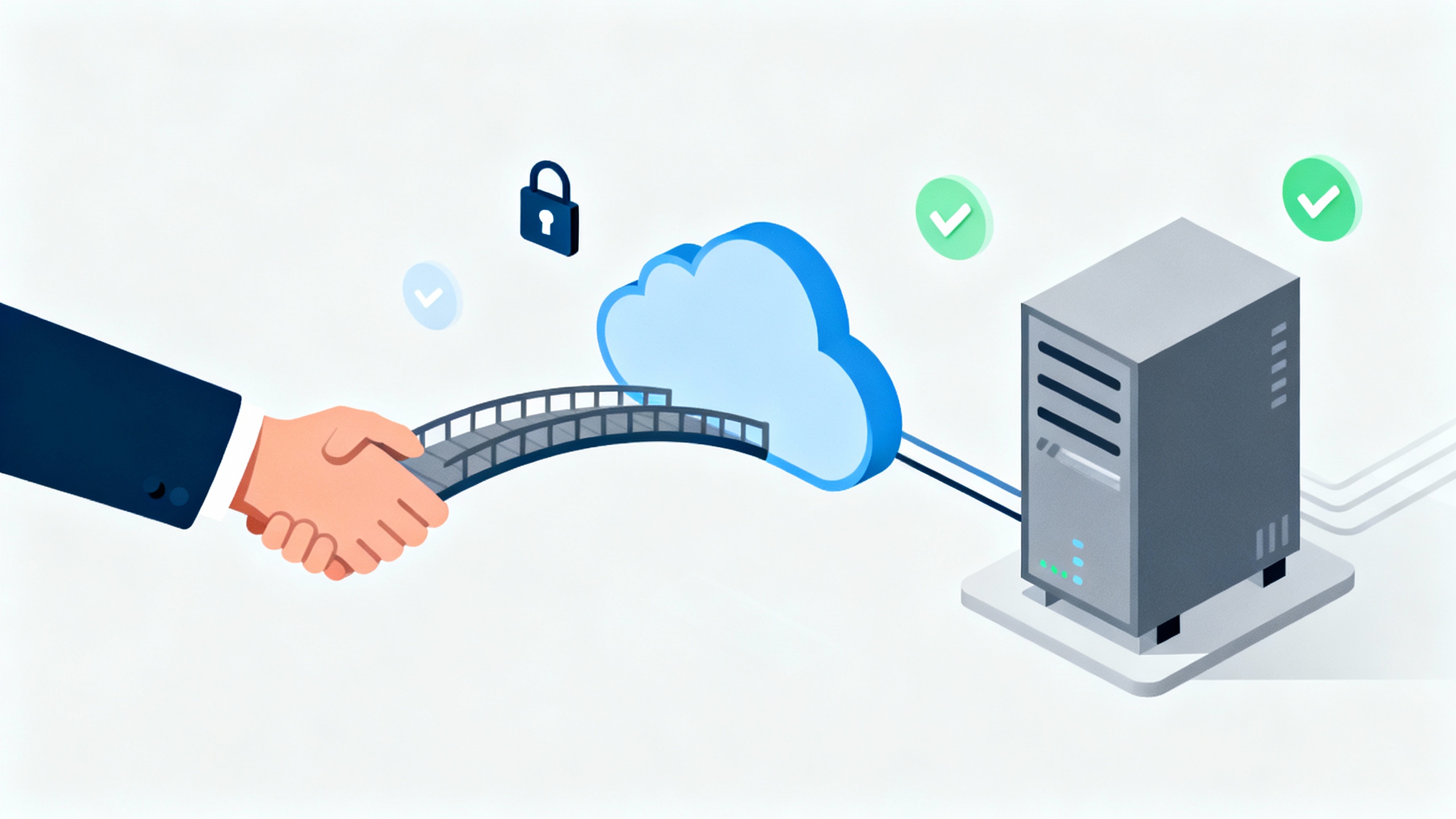Concept illustration of a cloud icon linking to an on-premises data center via a handshake, symbolizing hybrid TPU deployments