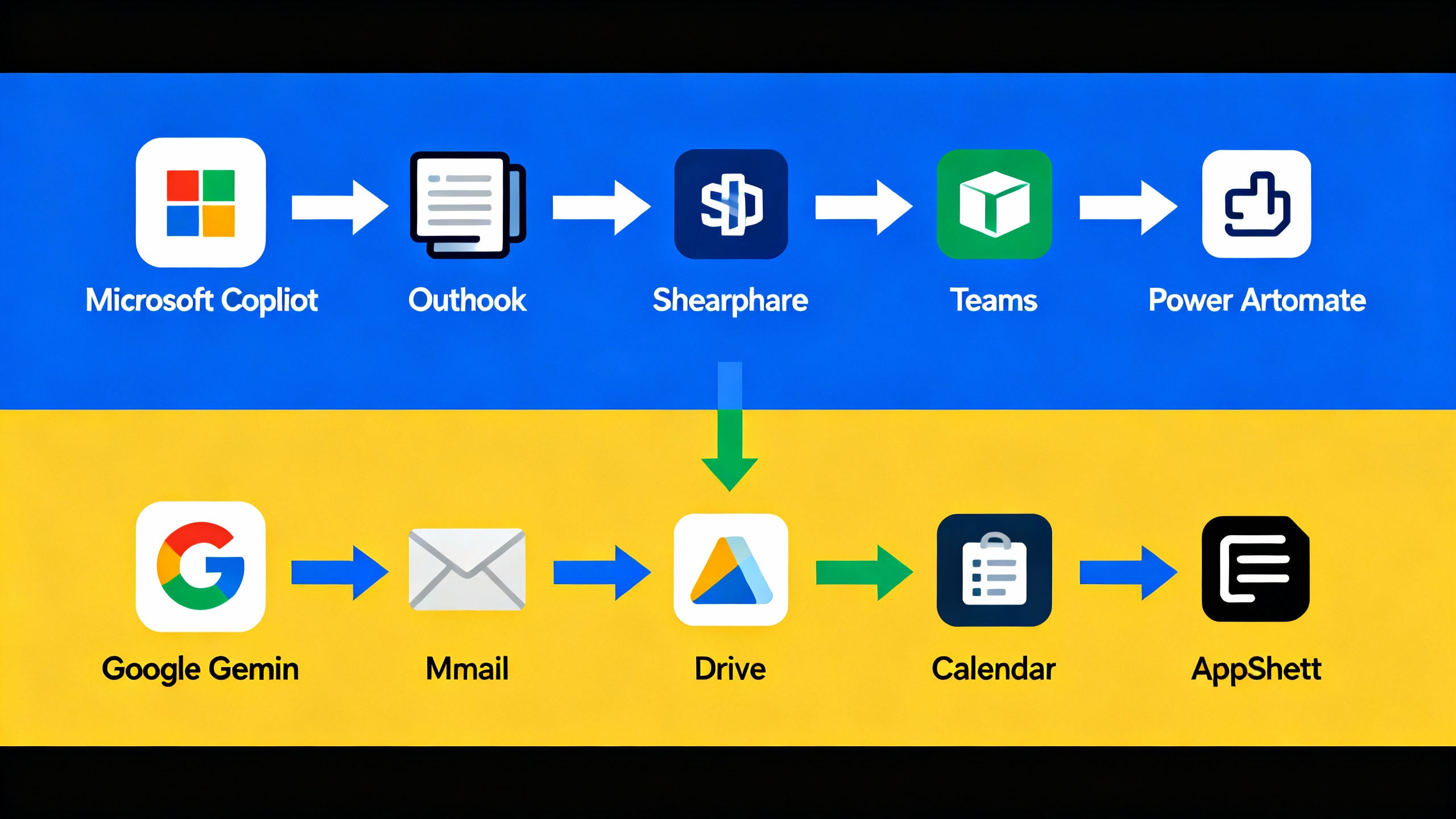 Diagram of workflow automations: Copilot with Power Automate connecting Outlook, SharePoint, Dynamics; Gemini with AppSheet connecting Gmail, Drive, Calendar
